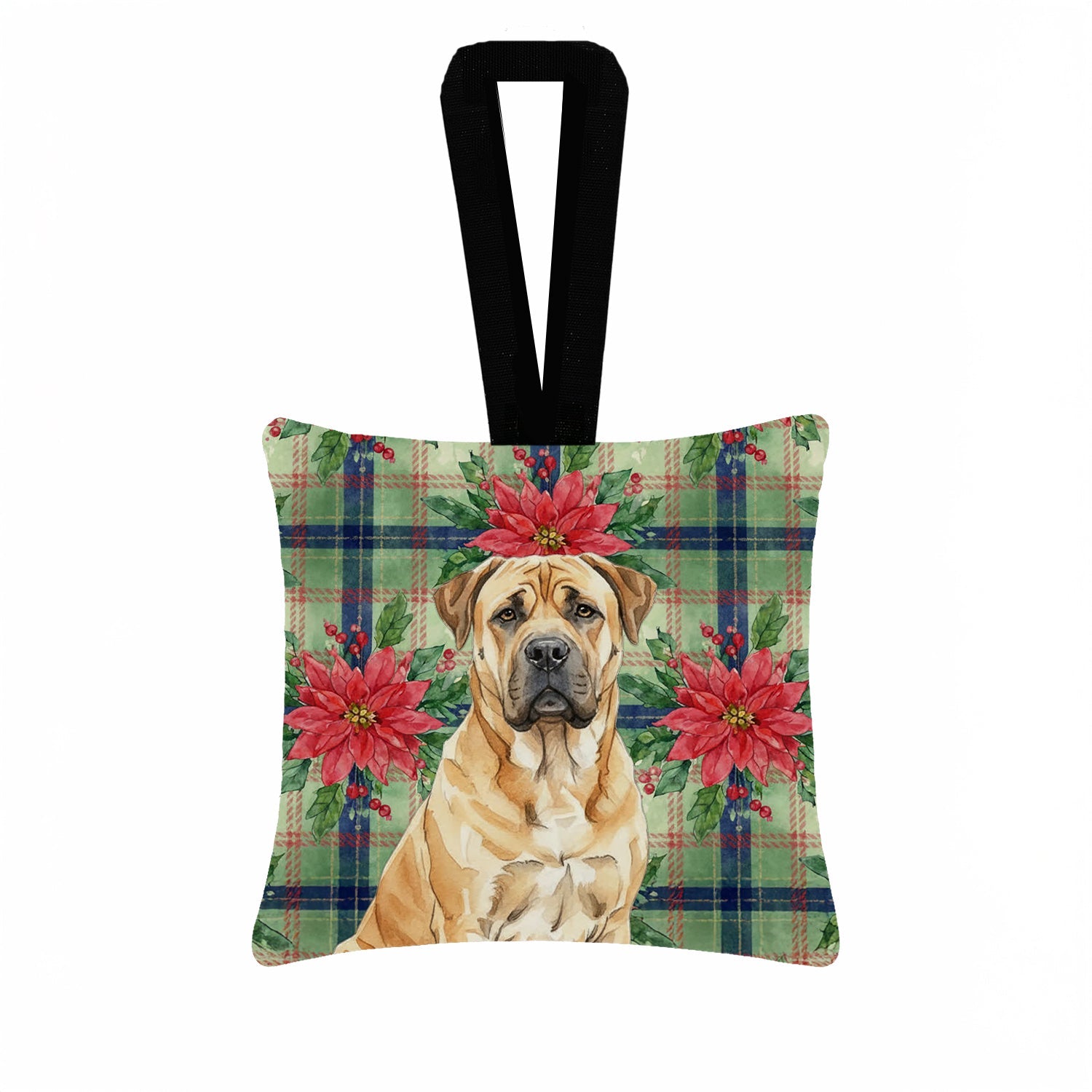 Fawn Boerboel Christmas PoinsettIas Hanging Square Fabric Ornament 3.5 � 3.5 Decorative Door-Knob & Tree Hanger, Soft Fabric