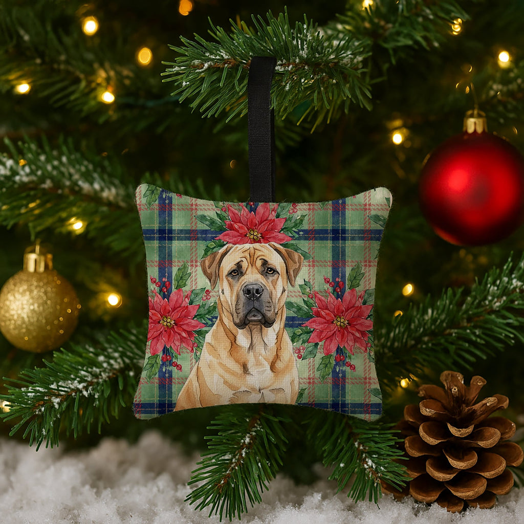 Fawn Boerboel Christmas PoinsettIas Hanging Square Fabric Ornament 3.5 � 3.5 Decorative Door-Knob & Tree Hanger, Soft Fabric