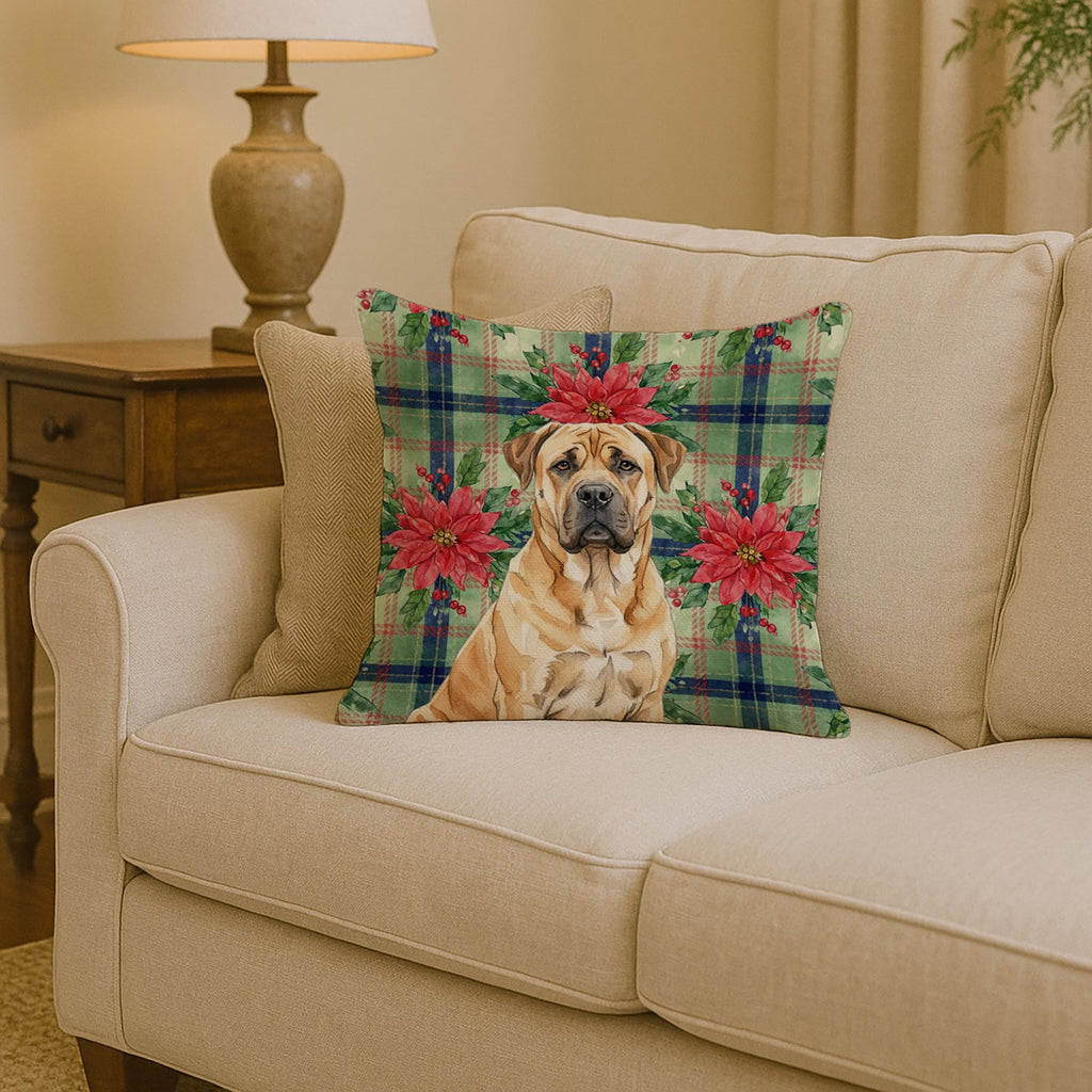 Fawn Boerboel Christmas PoinsettIas Decorative Throw Pillow 14x14 Indoor Outdoor Accent Cushion, Fabric Cover with Insert for Sofa, Bed, Porch & Living Room
