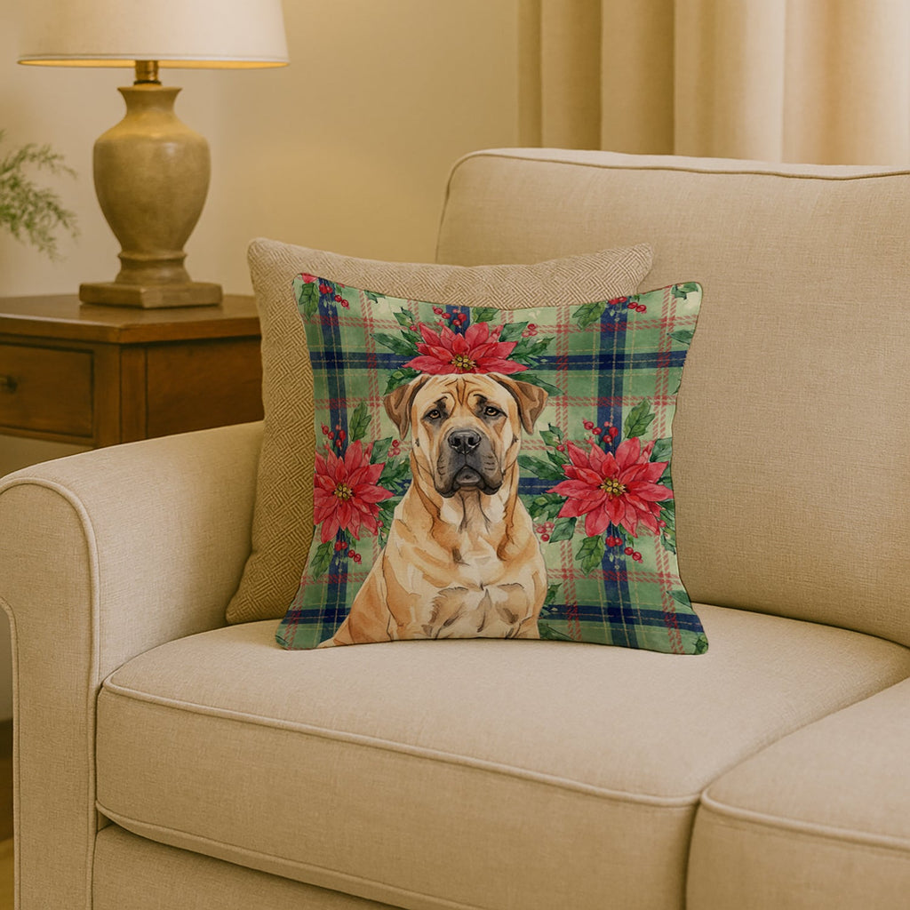Fawn Boerboel Christmas PoinsettIas Decorative Throw Pillow 18x18 Indoor Outdoor Accent Cushion, Fabric Cover with Insert for Sofa, Bed, Porch & Living Room