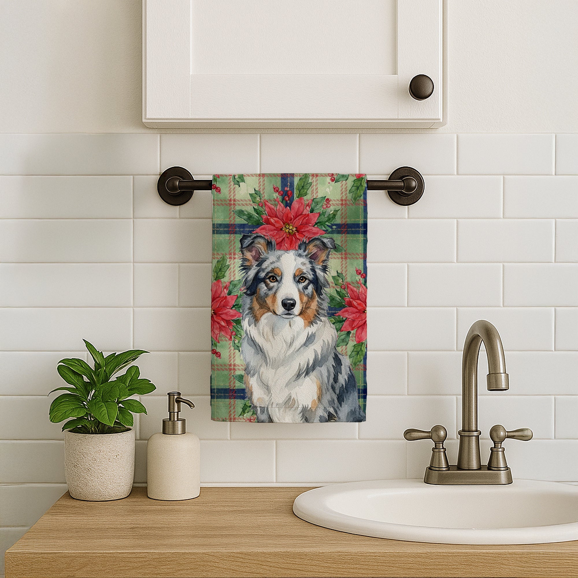 Blue Merle Border Collie Christmas PoinsettIas Kitchen Towel Velour Plush Front and Cotton Loop Back Machine Washable