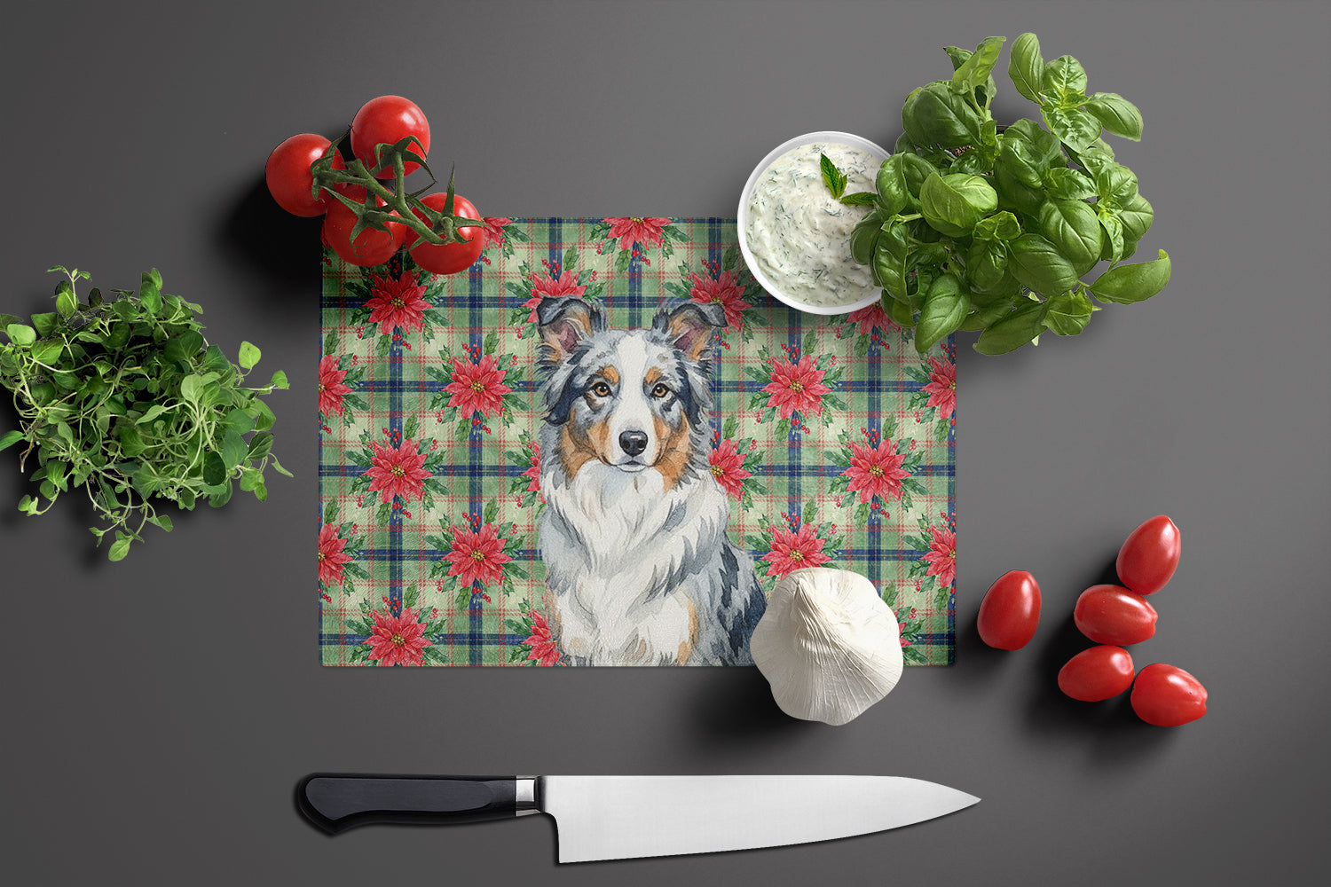 Blue Merle Border Collie Christmas PoinsettIas Cutting Board Tempered Glass Kitchen Cutting Surface, Heat Resistant Chopping, Non-Slip Feet, Food Prep & Serving