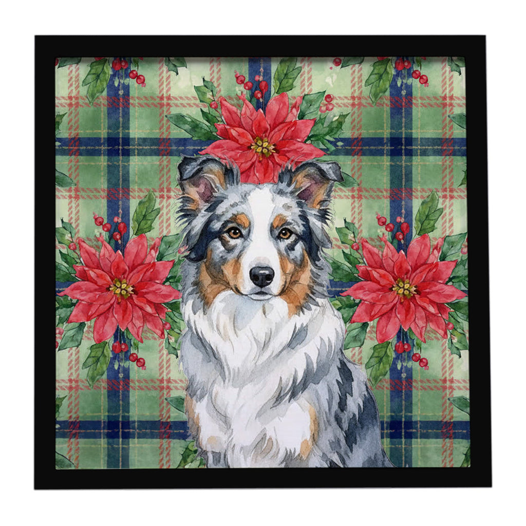 Blue Merle Border Collie Christmas PoinsettIas Framed Metal Print Bathroom, Kitchen, Office, Home Decor Wall Art Ready to Hang, Square, 8X8
