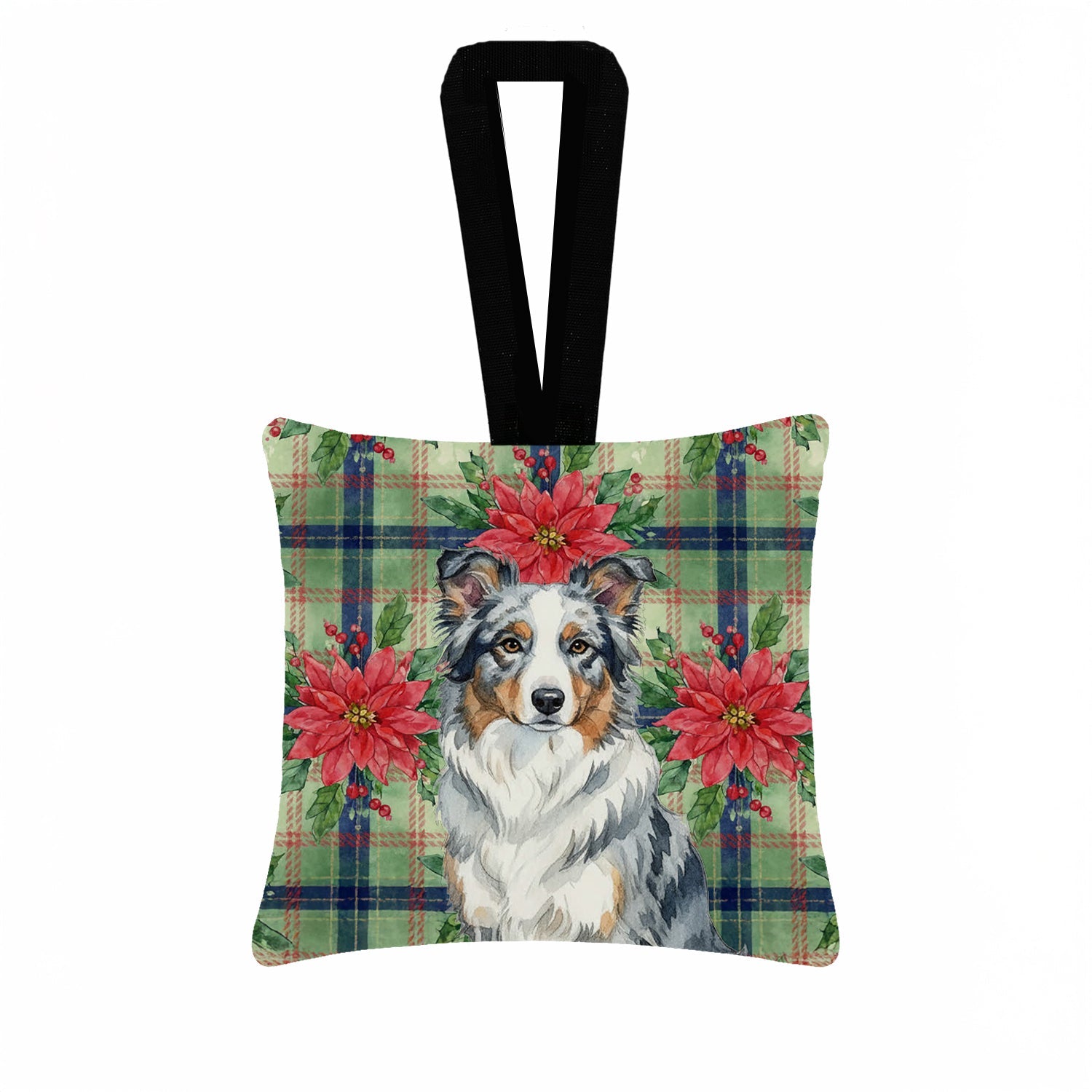 Blue Merle Border Collie Christmas PoinsettIas Hanging Square Fabric Ornament 3.5 � 3.5 Decorative Door-Knob & Tree Hanger, Soft Fabric