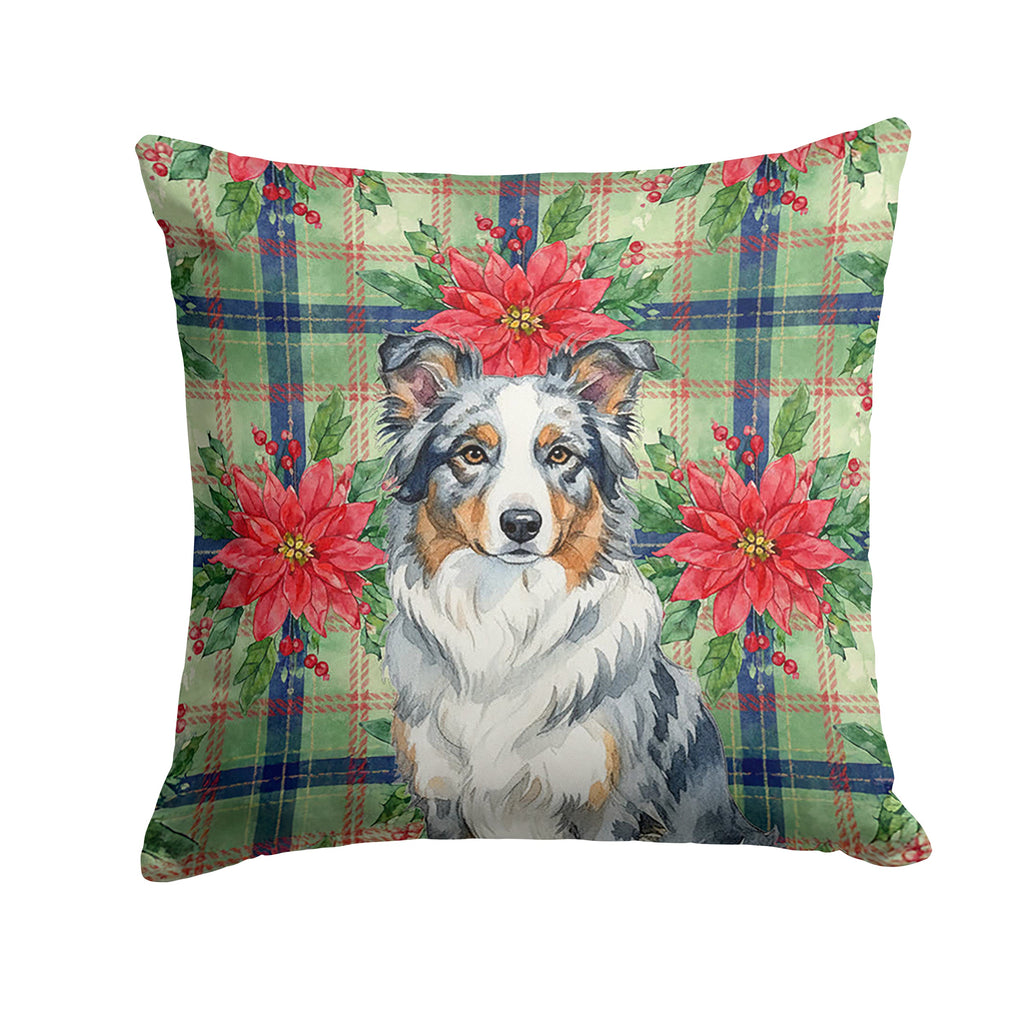 Blue Merle Border Collie Christmas PoinsettIas Decorative Throw Pillow 18x18 Indoor Outdoor Accent Cushion, Fabric Cover with Insert for Sofa, Bed, Porch & Living Room