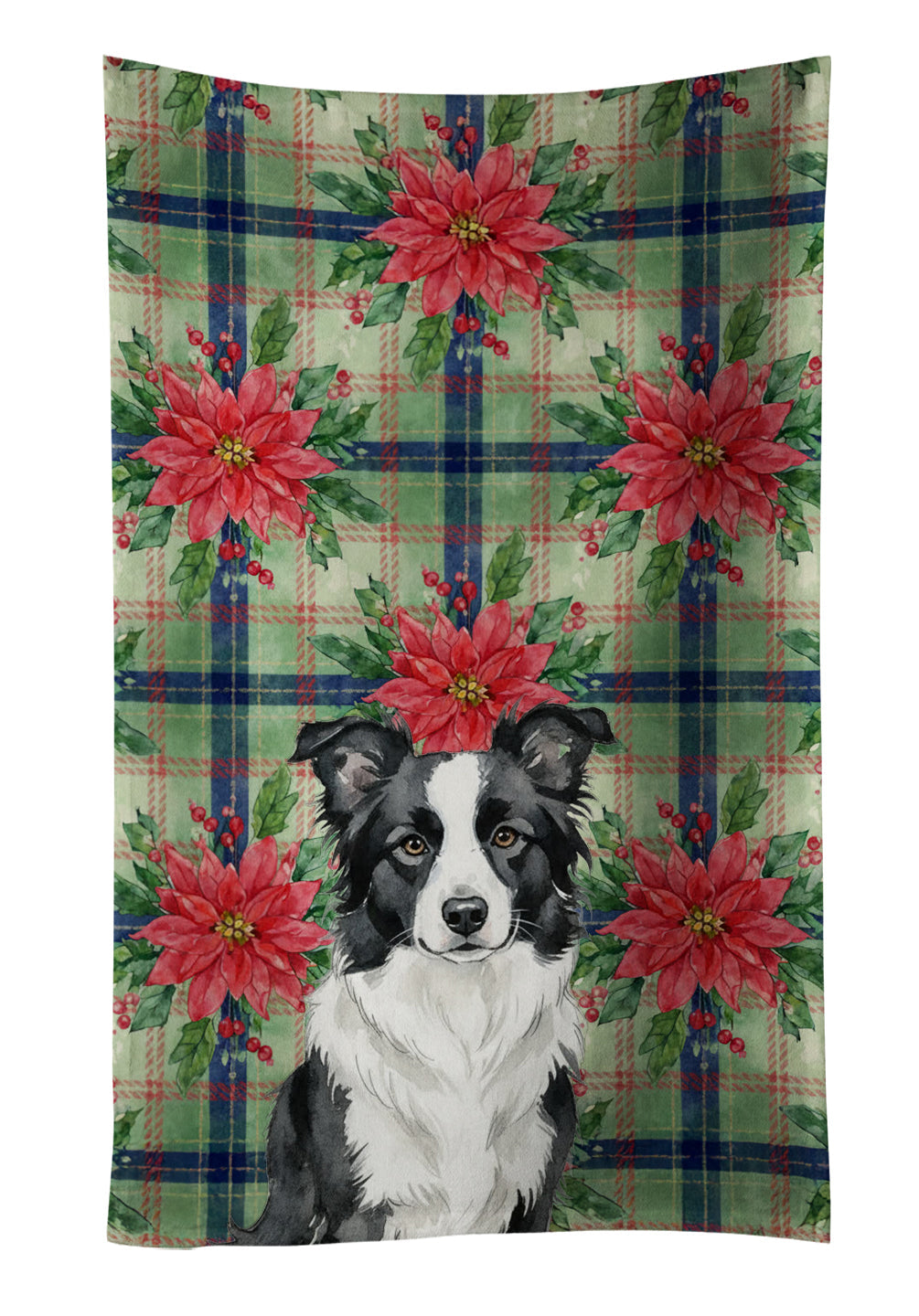 Border Collie Christmas PoinsettIas Kitchen Towel Velour Plush Front and Cotton Loop Back Machine Washable