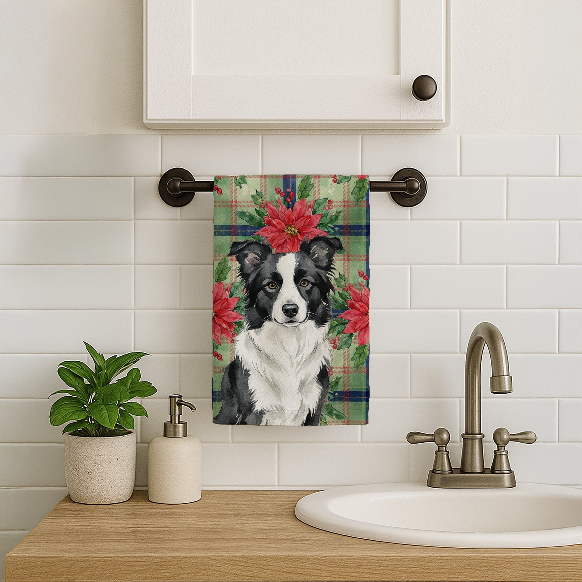 Border Collie Christmas PoinsettIas Kitchen Towel Velour Plush Front and Cotton Loop Back Machine Washable