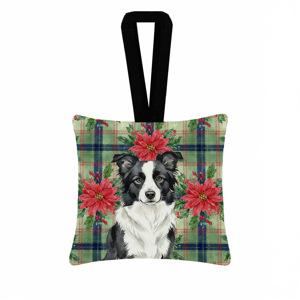 Border Collie Christmas PoinsettIas Hanging Square Fabric Ornament 3.5 � 3.5 Decorative Door-Knob & Tree Hanger, Soft Fabric