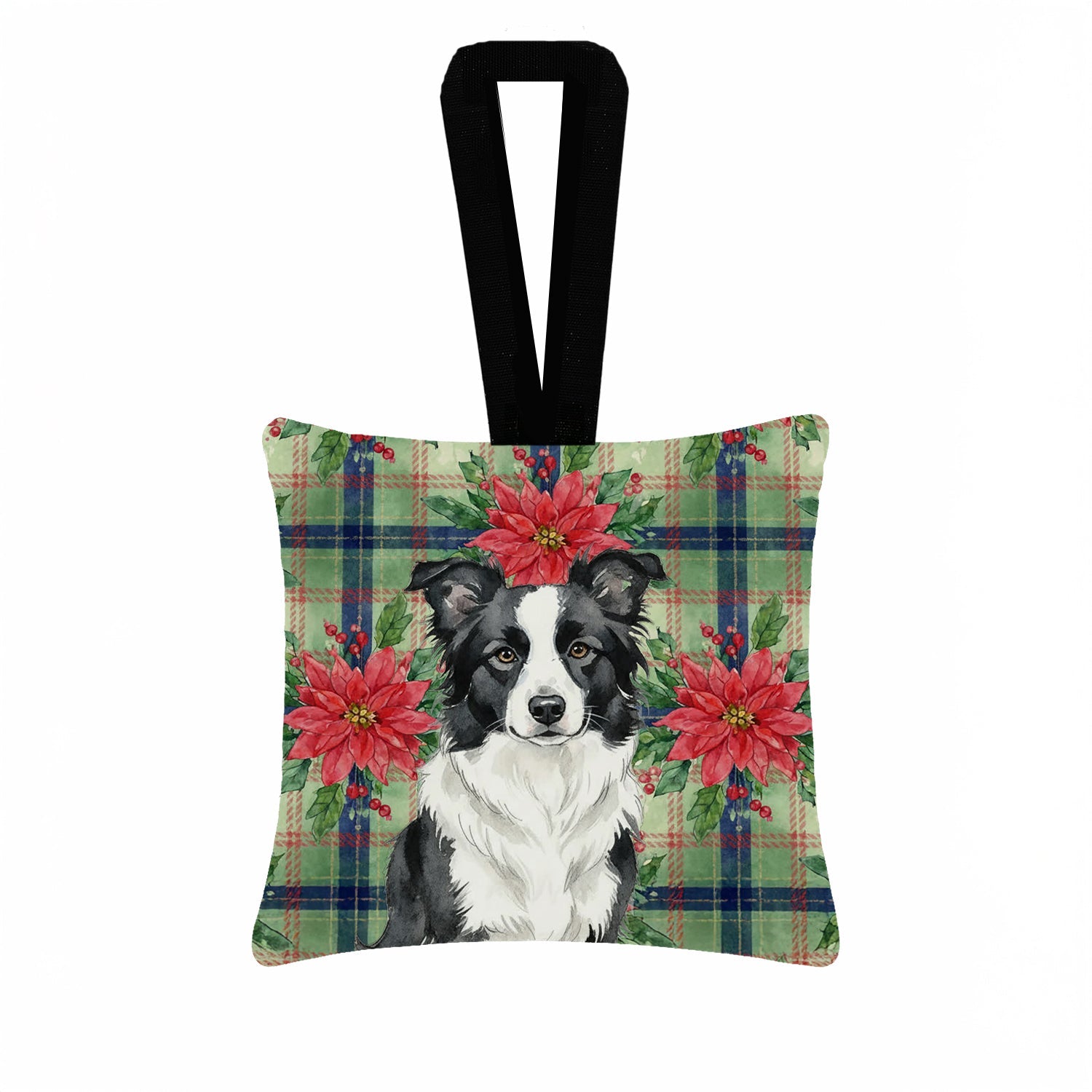 Border Collie Christmas PoinsettIas Hanging Square Fabric Ornament 3.5 � 3.5 Decorative Door-Knob & Tree Hanger, Soft Fabric