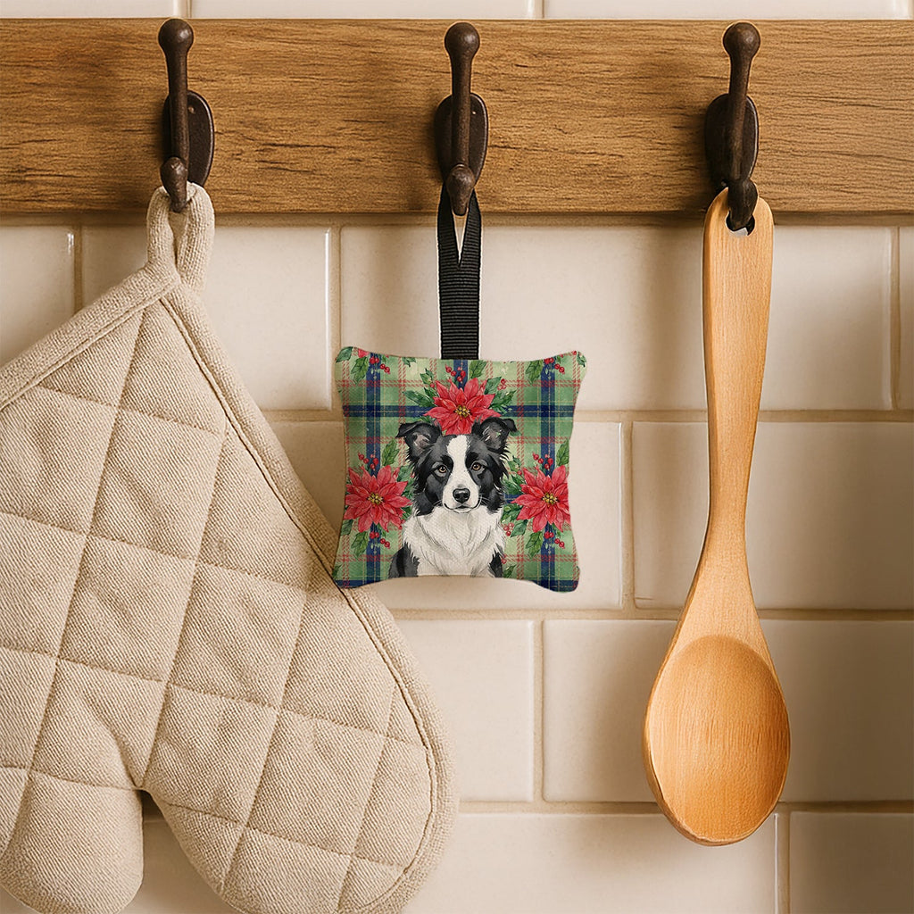 Border Collie Christmas PoinsettIas Hanging Square Fabric Ornament 3.5 � 3.5 Decorative Door-Knob & Tree Hanger, Soft Fabric