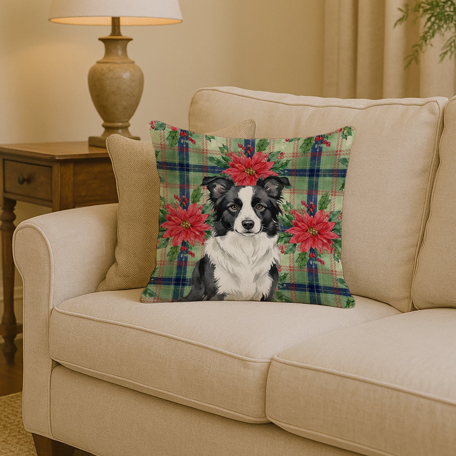 Border Collie Christmas PoinsettIas Decorative Throw Pillow 14x14 Indoor Outdoor Accent Cushion, Fabric Cover with Insert for Sofa, Bed, Porch & Living Room