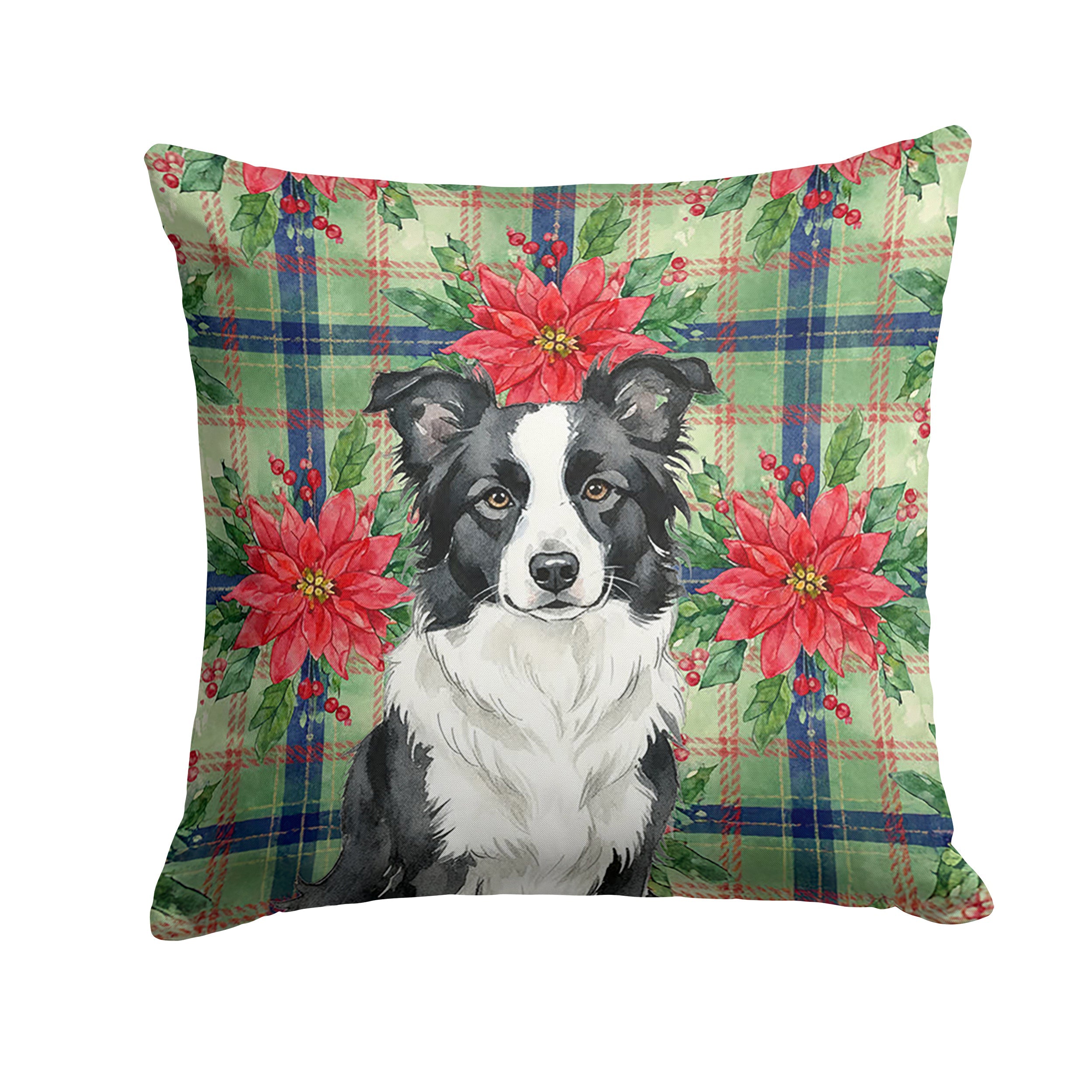 Border Collie Christmas PoinsettIas Decorative Throw Pillow 18x18 Indoor Outdoor Accent Cushion, Fabric Cover with Insert for Sofa, Bed, Porch & Living Room