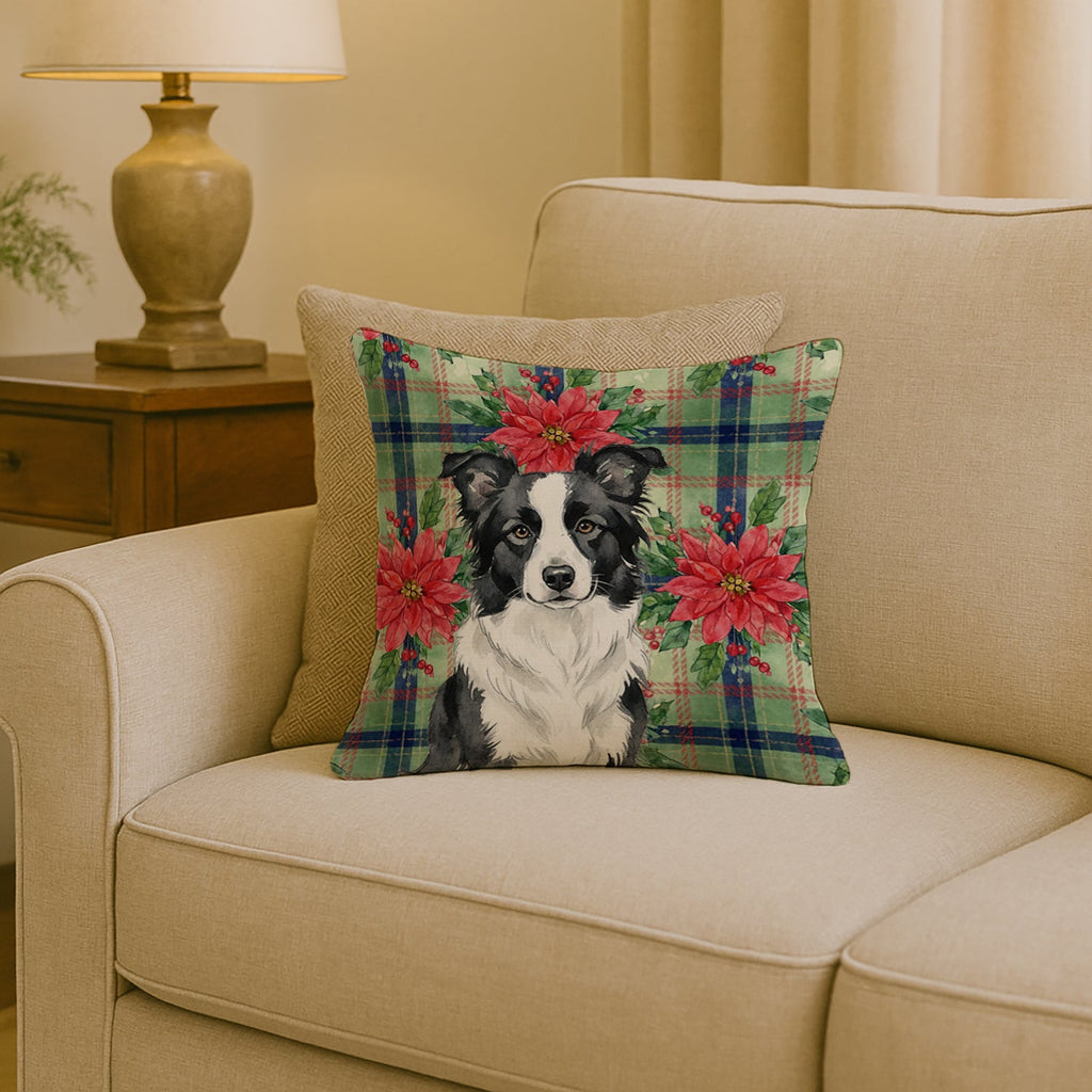 Border Collie Christmas PoinsettIas Decorative Throw Pillow 18x18 Indoor Outdoor Accent Cushion, Fabric Cover with Insert for Sofa, Bed, Porch & Living Room
