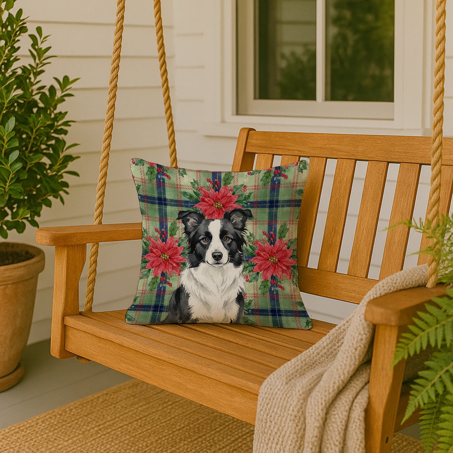 Border Collie Christmas PoinsettIas Decorative Throw Pillow 18x18 Indoor Outdoor Accent Cushion, Fabric Cover with Insert for Sofa, Bed, Porch & Living Room