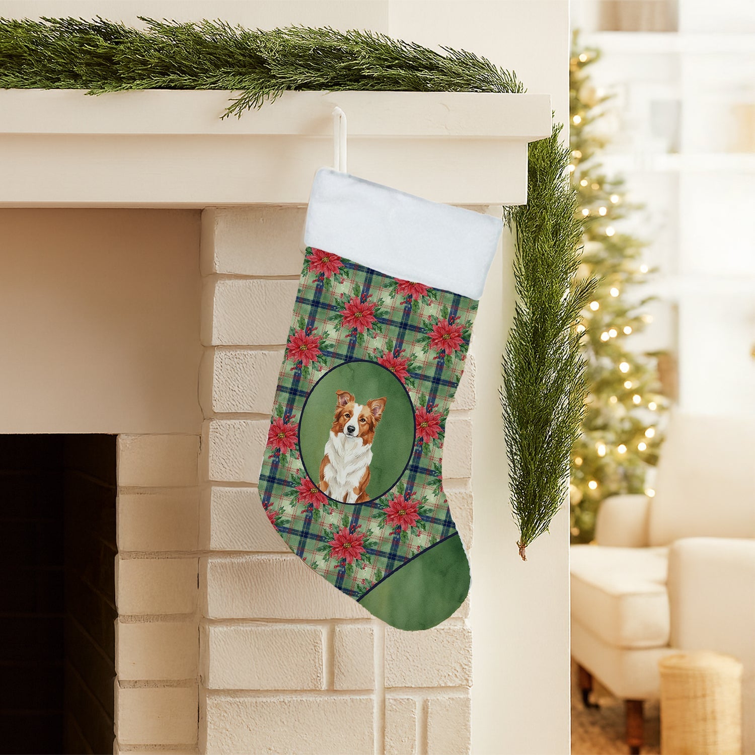 Red and White Border Collie Christmas PoinsettIas Holiday Stocking Double-Sided Print, Polyester Suede,11x18, Made in USA