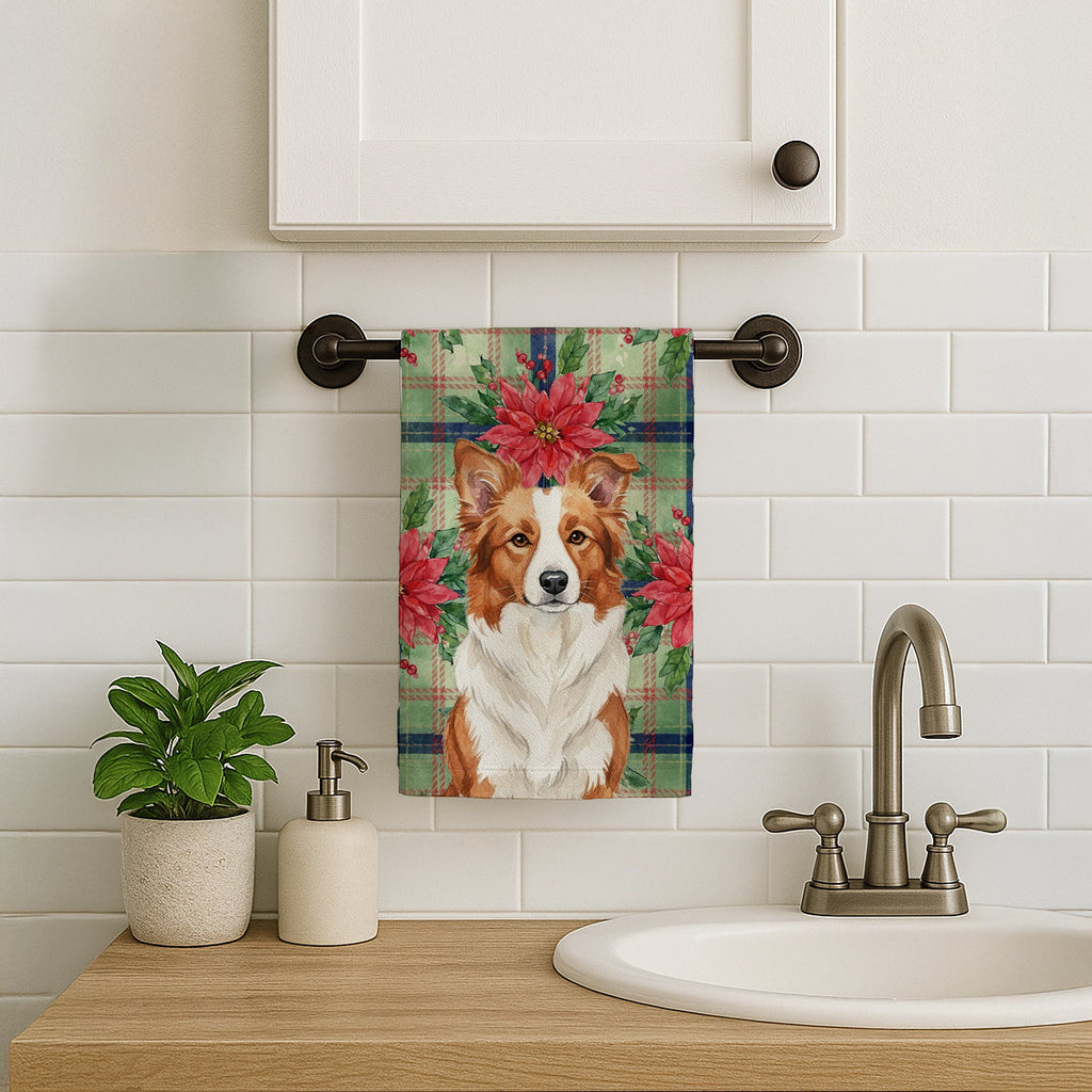 Red and White Border Collie Christmas PoinsettIas Kitchen Towel Velour Plush Front and Cotton Loop Back Machine Washable