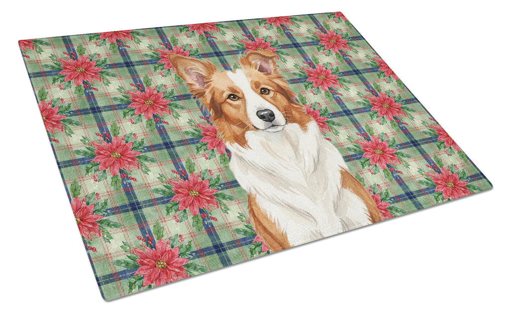 Red and White Border Collie Christmas PoinsettIas Cutting Board Tempered Glass Kitchen Cutting Surface, Heat Resistant Chopping, Non-Slip Feet, Food Prep & Serving