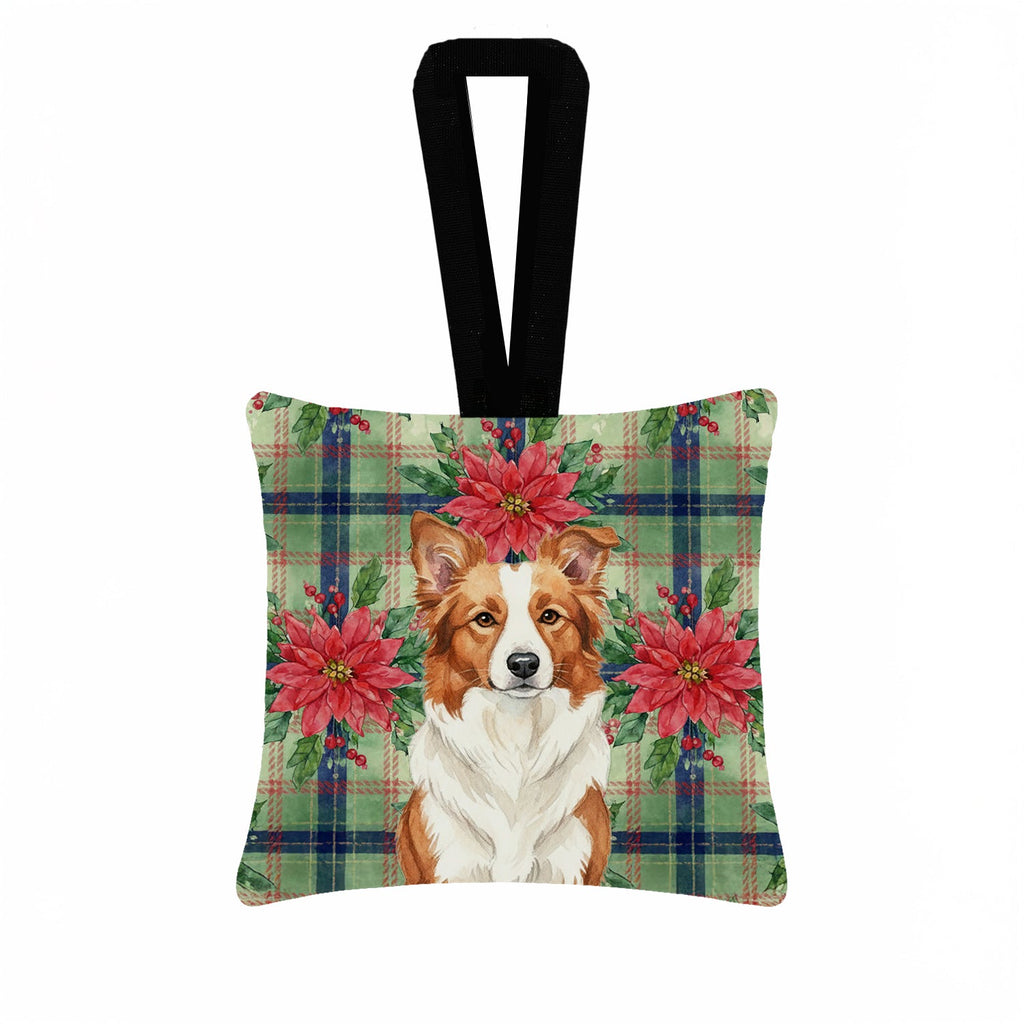 Red and White Border Collie Christmas PoinsettIas Hanging Square Fabric Ornament 3.5 � 3.5 Decorative Door-Knob & Tree Hanger, Soft Fabric