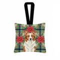 Red and White Border Collie Christmas PoinsettIas Hanging Square Fabric Ornament 3.5 � 3.5 Decorative Door-Knob & Tree Hanger, Soft Fabric