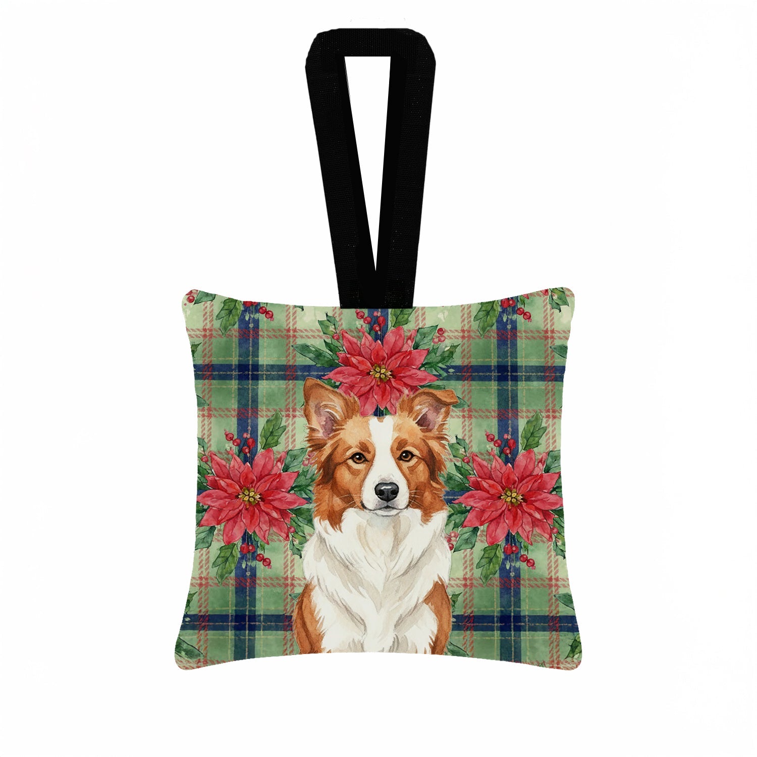 Red and White Border Collie Christmas PoinsettIas Hanging Square Fabric Ornament 3.5 � 3.5 Decorative Door-Knob & Tree Hanger, Soft Fabric