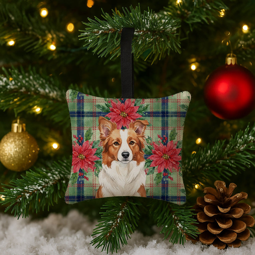Red and White Border Collie Christmas PoinsettIas Hanging Square Fabric Ornament 3.5 � 3.5 Decorative Door-Knob & Tree Hanger, Soft Fabric