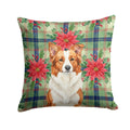 Red and White Border Collie Christmas PoinsettIas Decorative Throw Pillow 14x14 Indoor Outdoor Accent Cushion, Fabric Cover with Insert for Sofa, Bed, Porch & Living Room