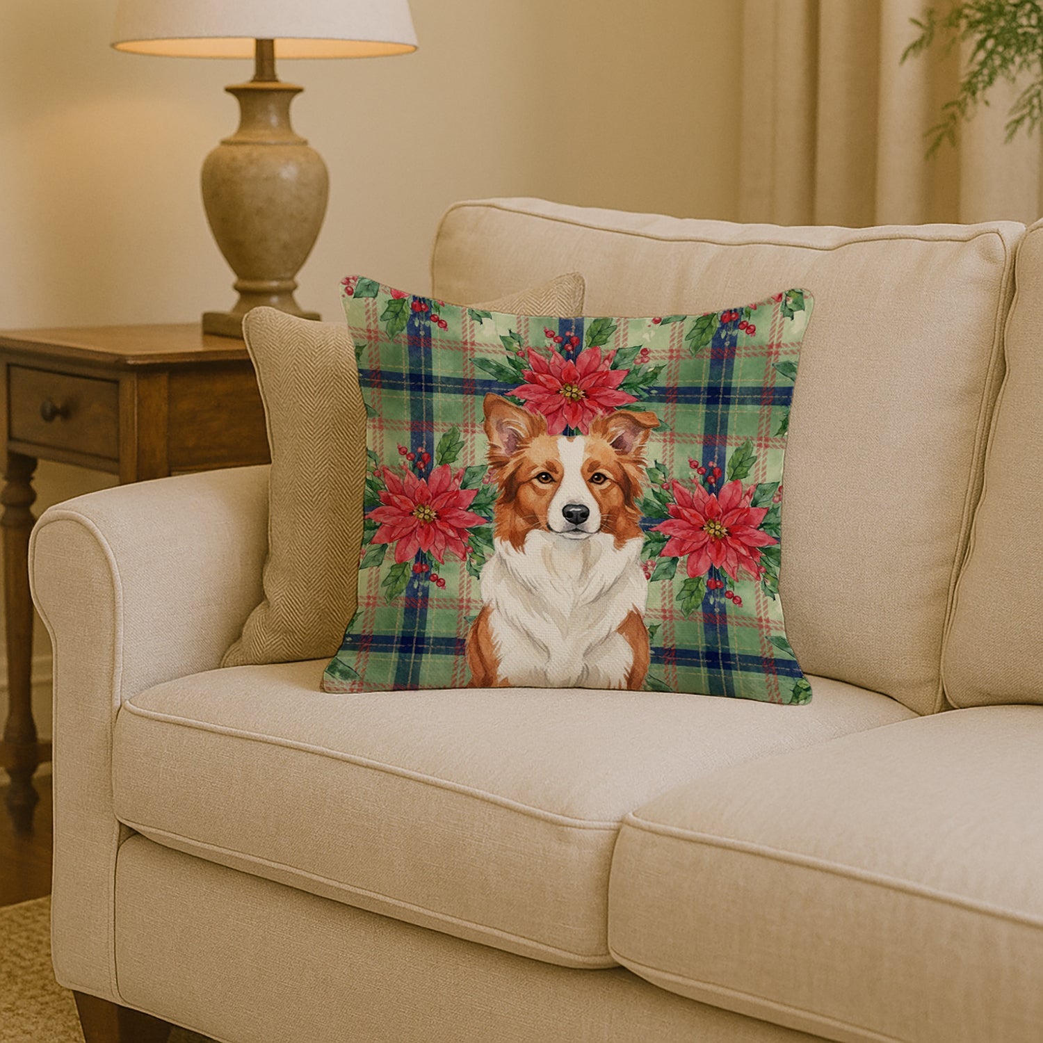 Red and White Border Collie Christmas PoinsettIas Decorative Throw Pillow 14x14 Indoor Outdoor Accent Cushion, Fabric Cover with Insert for Sofa, Bed, Porch & Living Room