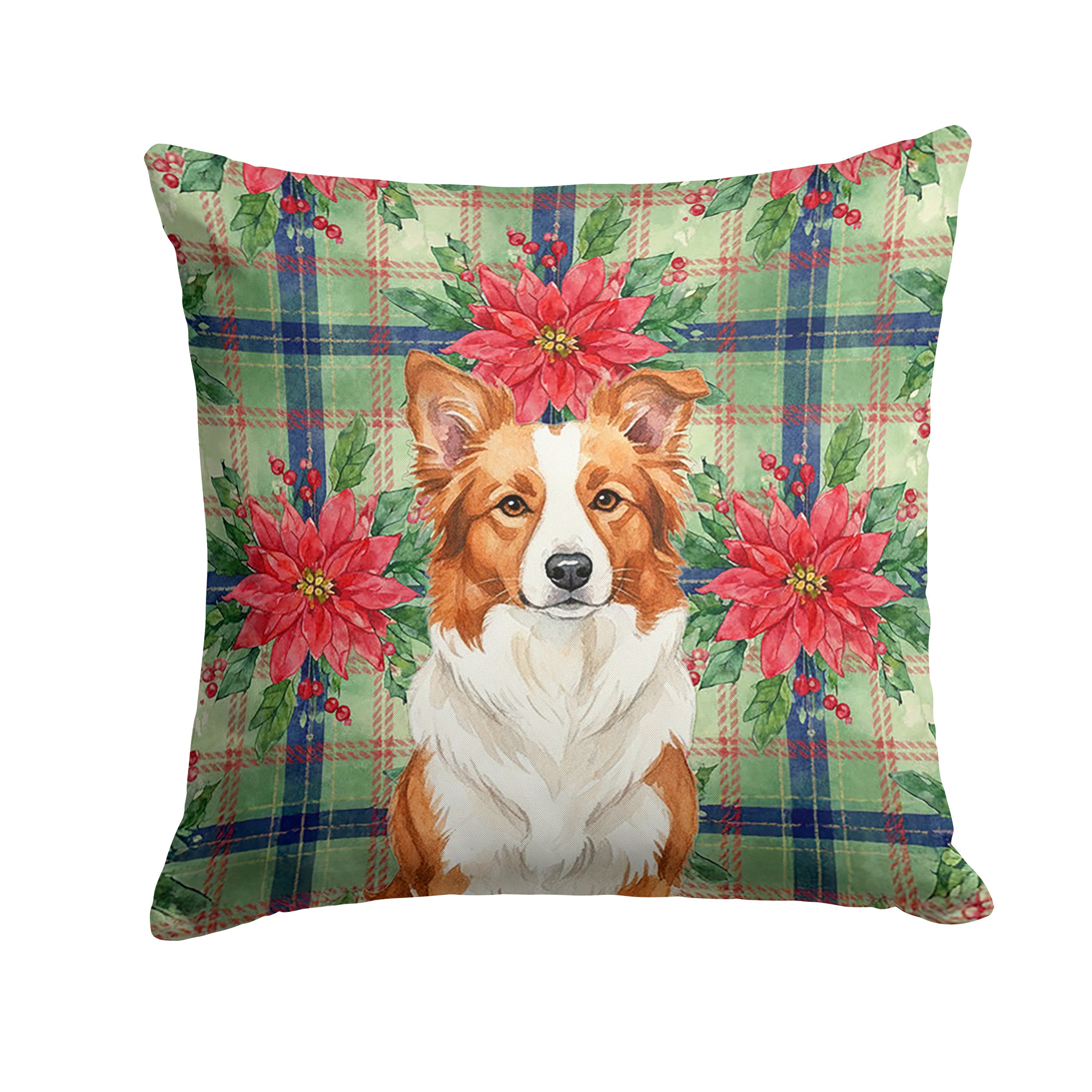 Red and White Border Collie Christmas PoinsettIas Decorative Throw Pillow 18x18 Indoor Outdoor Accent Cushion, Fabric Cover with Insert for Sofa, Bed, Porch & Living Room