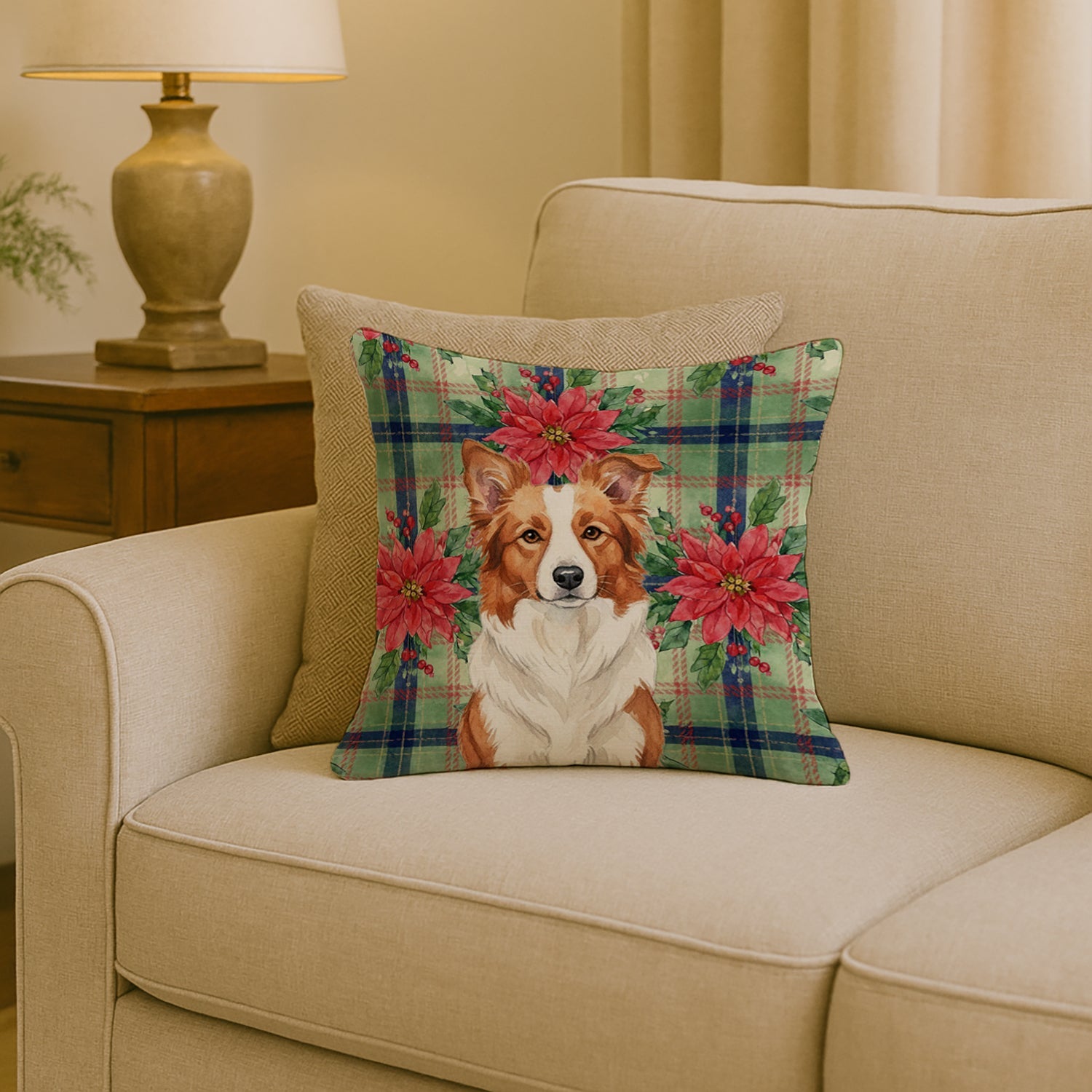 Red and White Border Collie Christmas PoinsettIas Decorative Throw Pillow 18x18 Indoor Outdoor Accent Cushion, Fabric Cover with Insert for Sofa, Bed, Porch & Living Room