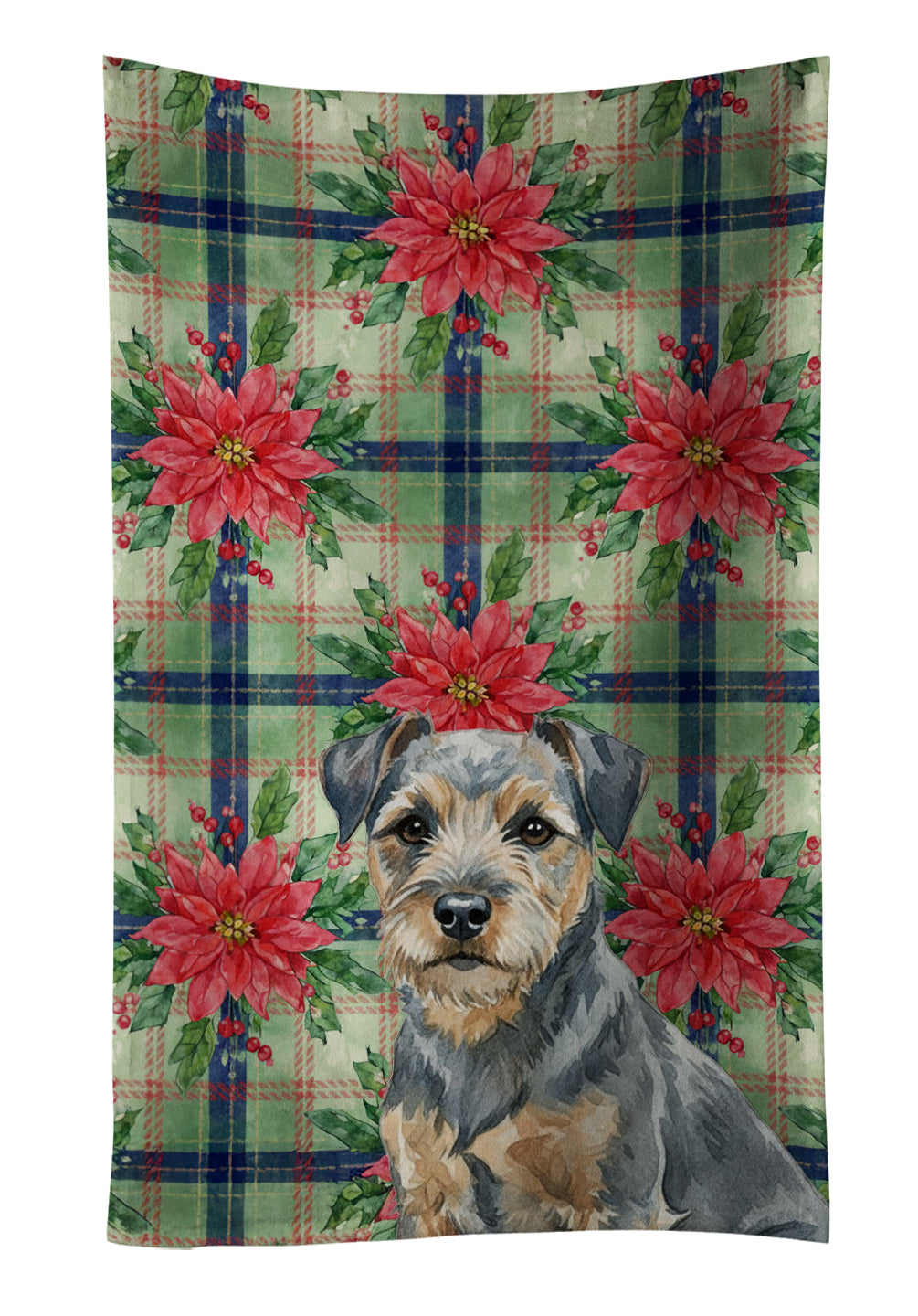 Blue and Tan Border Terrier Christmas PoinsettIas Kitchen Towel Velour Plush Front and Cotton Loop Back Machine Washable