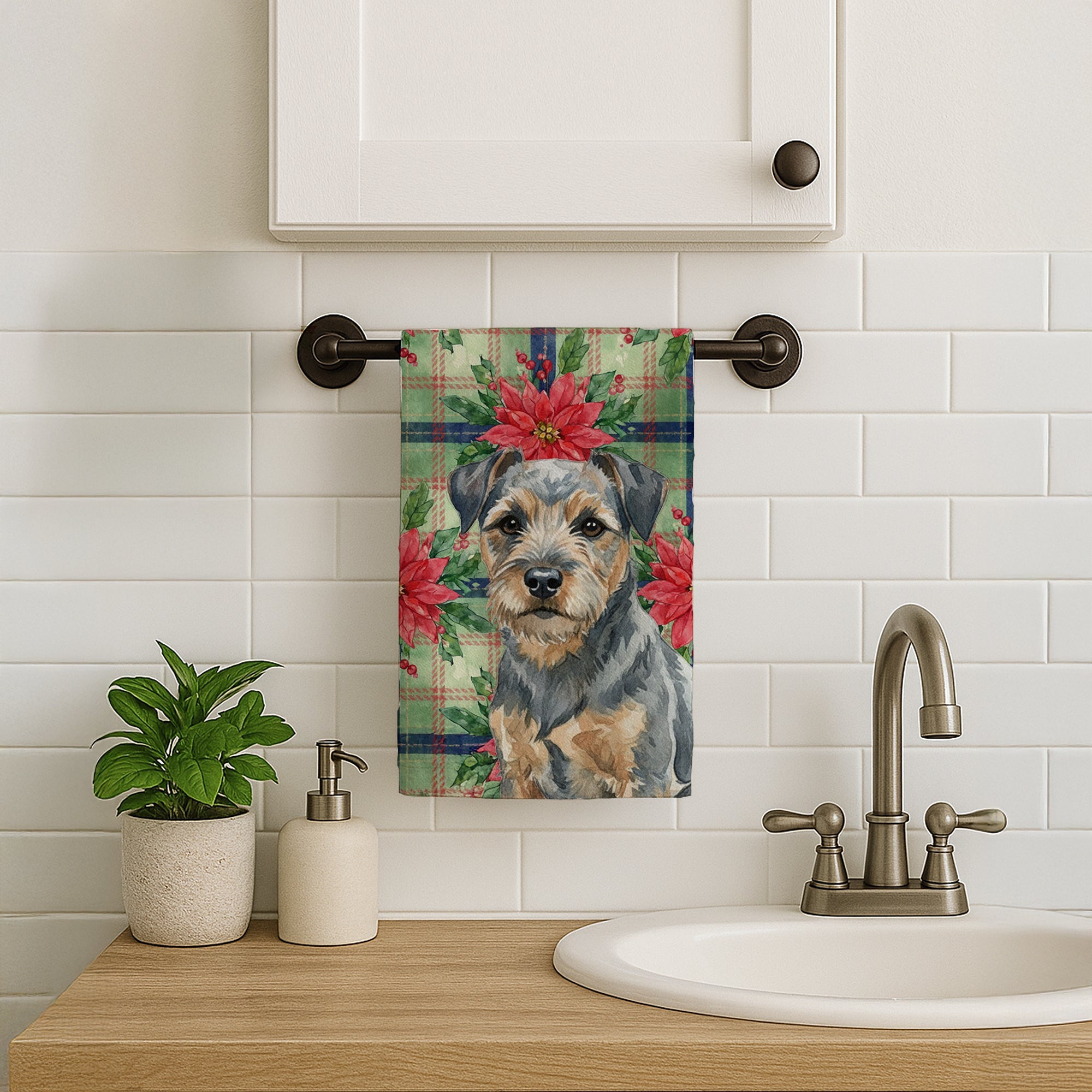Blue and Tan Border Terrier Christmas PoinsettIas Kitchen Towel Velour Plush Front and Cotton Loop Back Machine Washable
