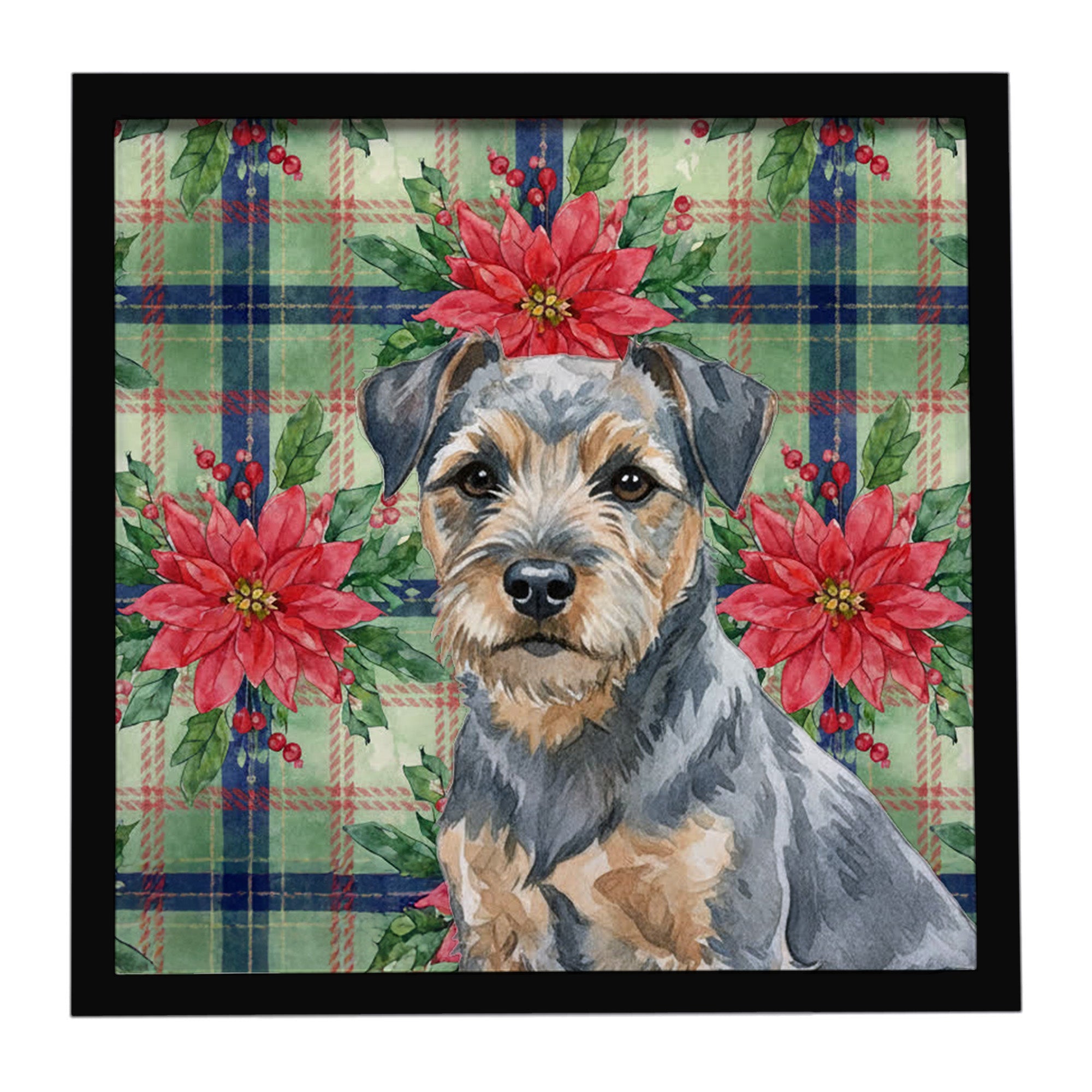 Blue and Tan Border Terrier Christmas PoinsettIas Framed Metal Print Bathroom, Kitchen, Office, Home Decor Wall Art Ready to Hang, Square, 8X8