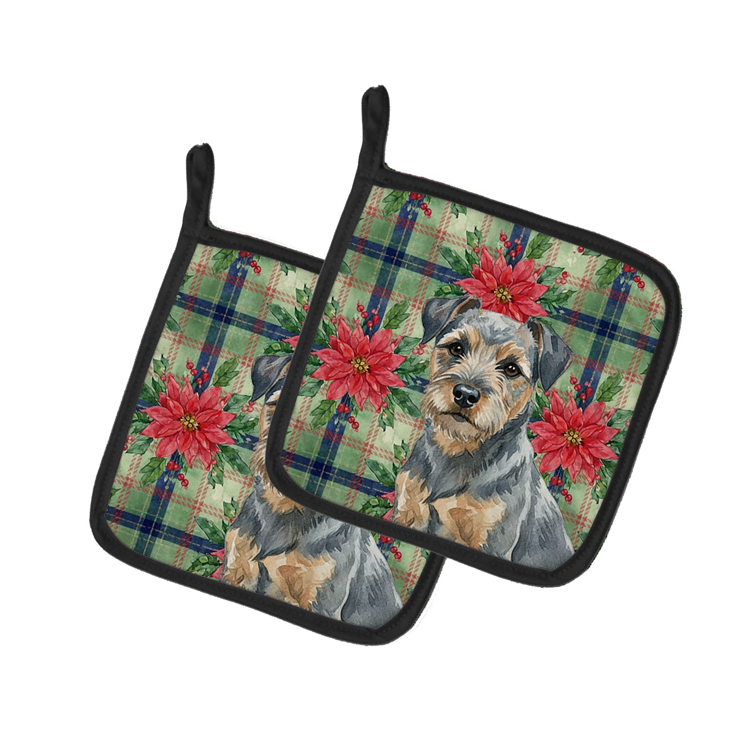 Blue and Tan Border Terrier Christmas PoinsettIas Pot Holder Set of 2 Heat Resistant Quilted Hot Pads 7.5 x 7.5 Inch, Insulated Kitchen Trivets for Cooking & Baking