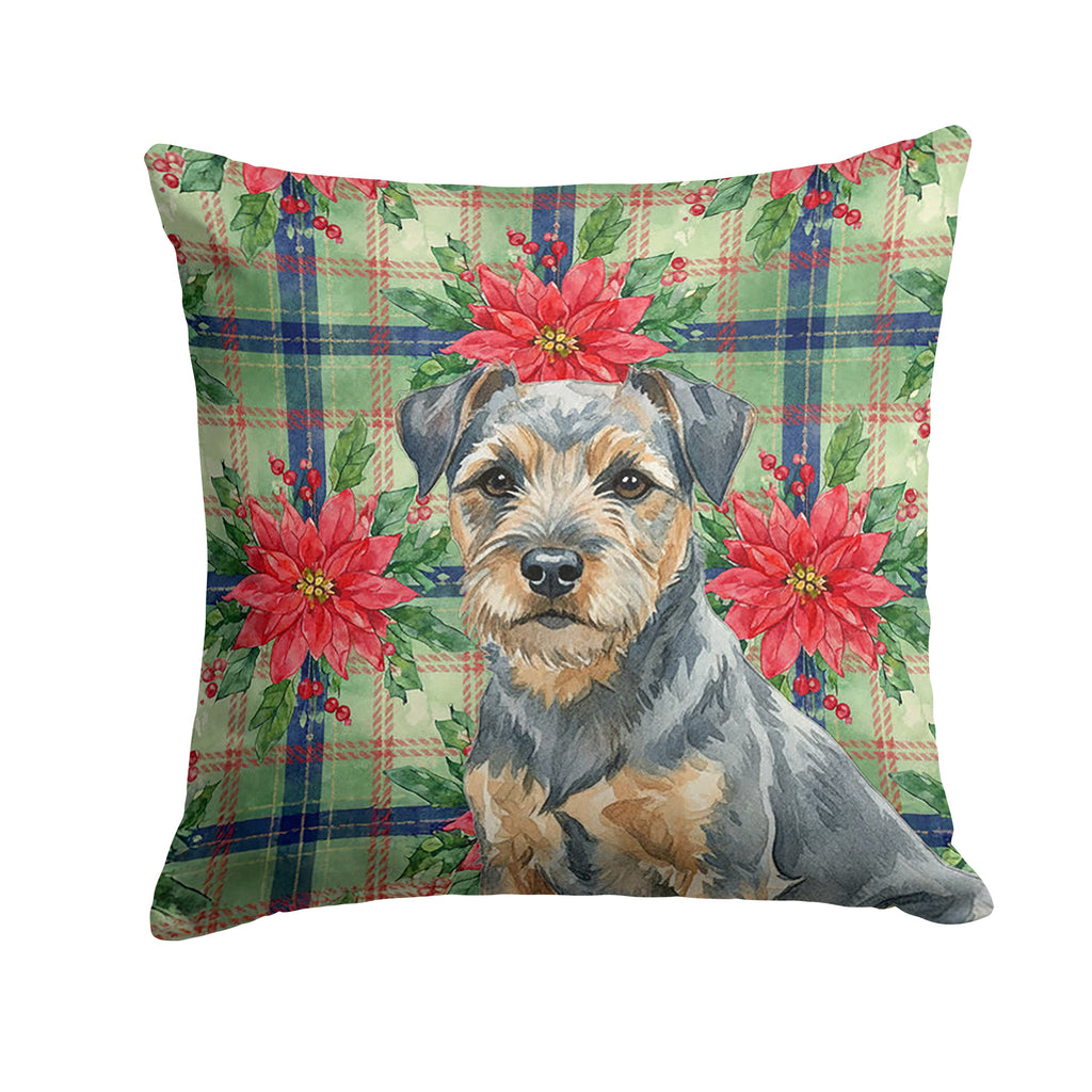 Blue and Tan Border Terrier Christmas PoinsettIas Decorative Throw Pillow 14x14 Indoor Outdoor Accent Cushion, Fabric Cover with Insert for Sofa, Bed, Porch & Living Room