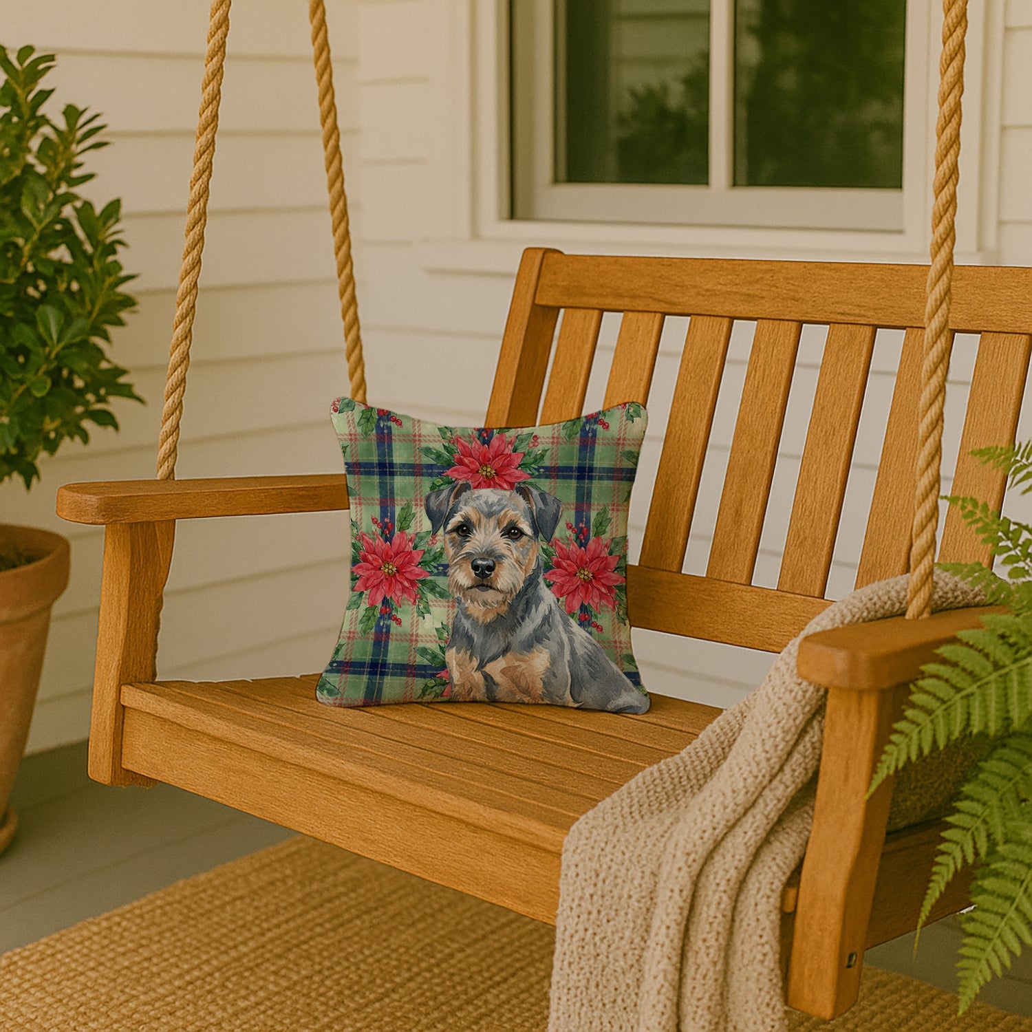 Blue and Tan Border Terrier Christmas PoinsettIas Decorative Throw Pillow 14x14 Indoor Outdoor Accent Cushion, Fabric Cover with Insert for Sofa, Bed, Porch & Living Room