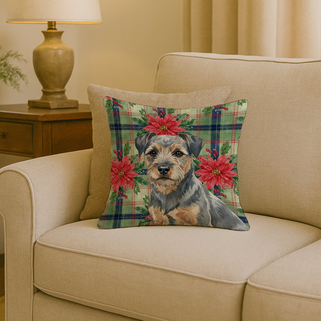 Blue and Tan Border Terrier Christmas PoinsettIas Decorative Throw Pillow 18x18 Indoor Outdoor Accent Cushion, Fabric Cover with Insert for Sofa, Bed, Porch & Living Room