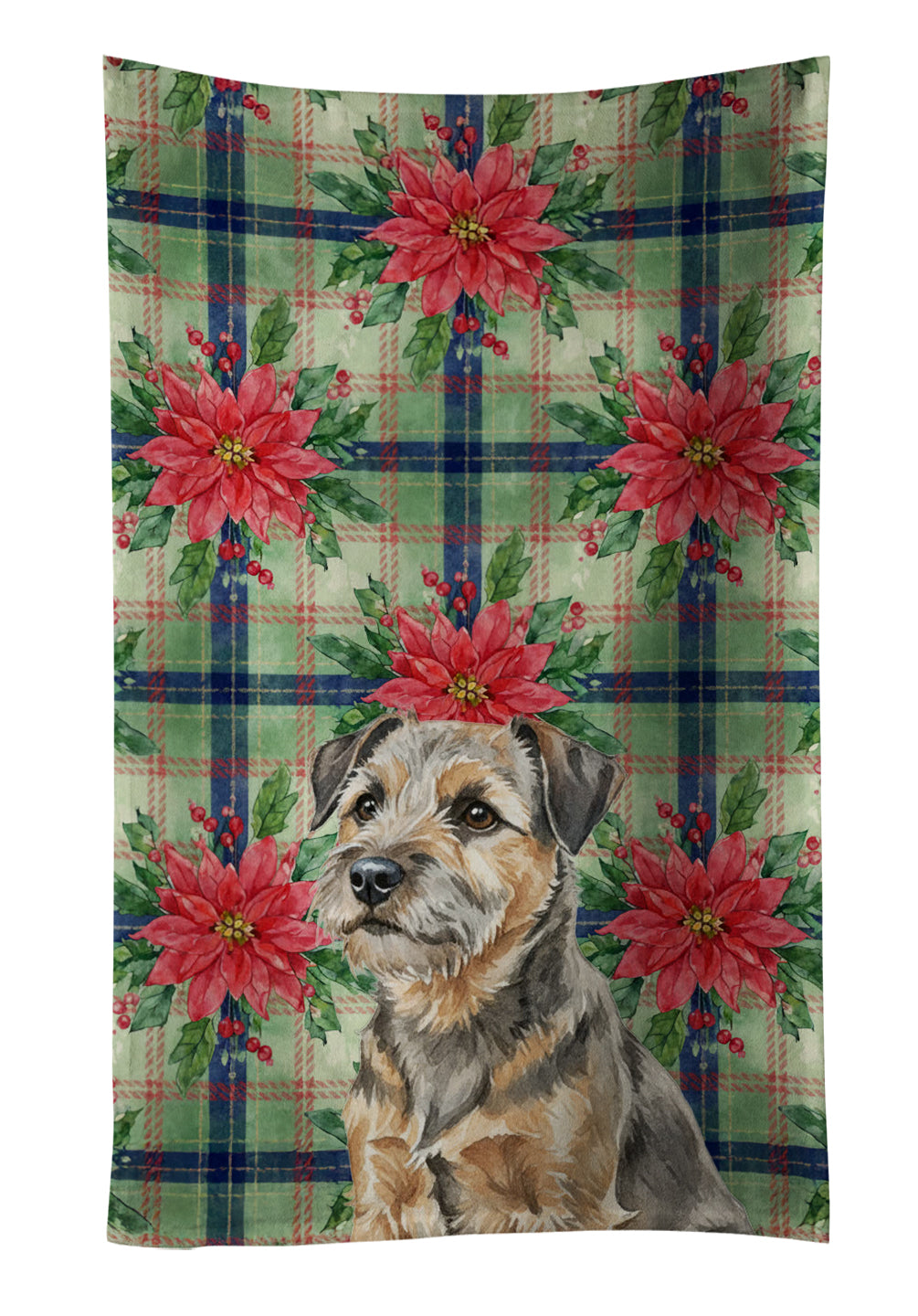 Grizzle and Tan Border Terrier Christmas PoinsettIas Kitchen Towel Velour Plush Front and Cotton Loop Back Machine Washable