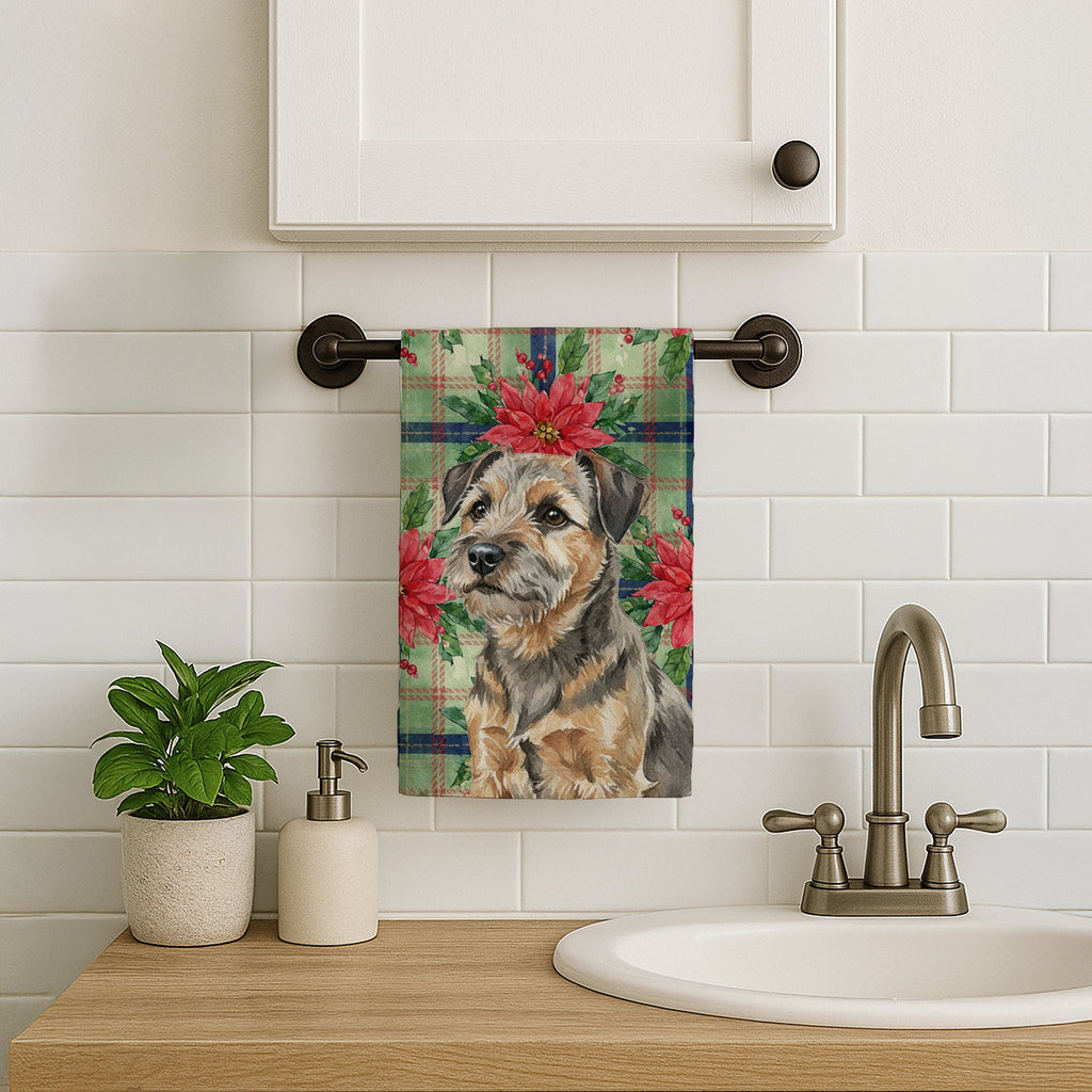Grizzle and Tan Border Terrier Christmas PoinsettIas Kitchen Towel Velour Plush Front and Cotton Loop Back Machine Washable