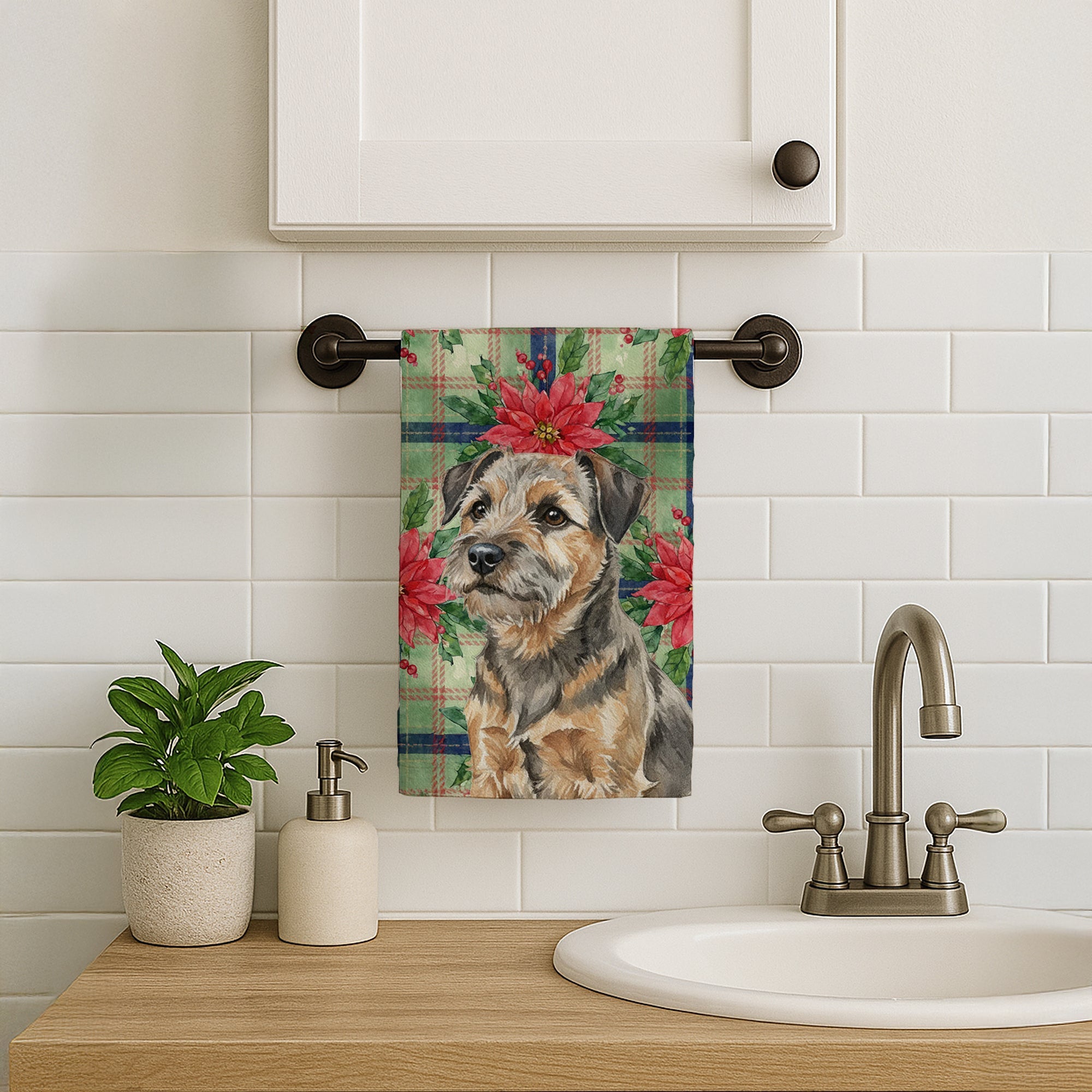 Grizzle and Tan Border Terrier Christmas PoinsettIas Kitchen Towel Velour Plush Front and Cotton Loop Back Machine Washable