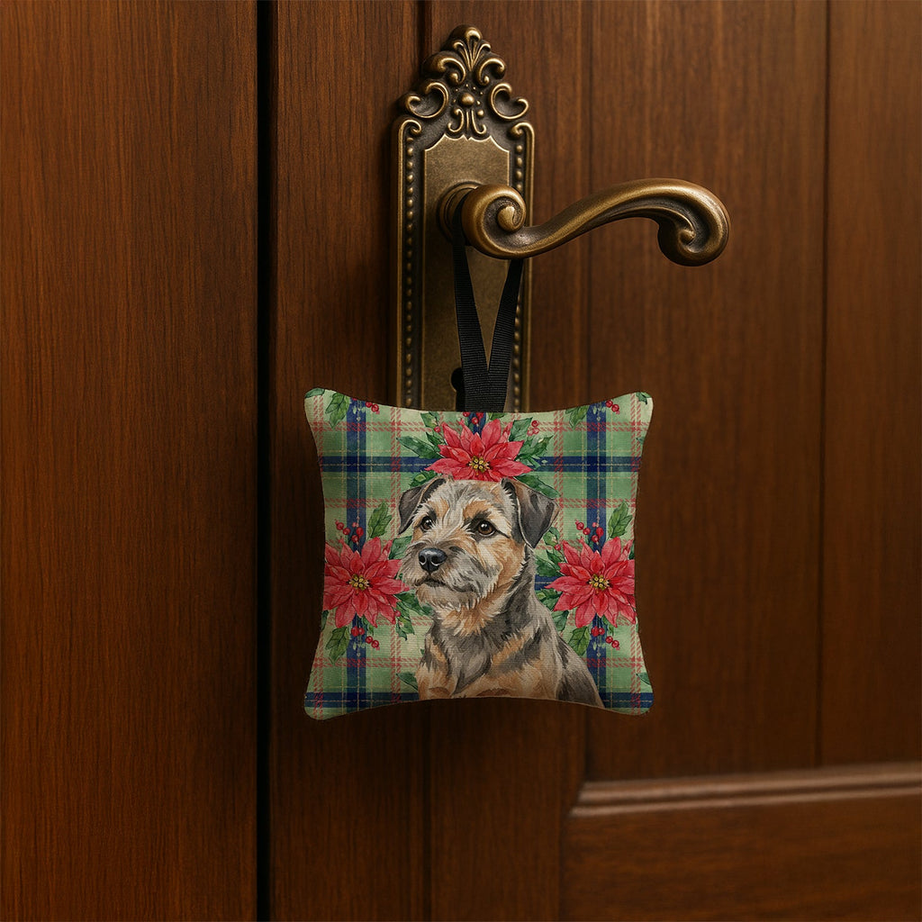 Grizzle and Tan Border Terrier Christmas PoinsettIas Hanging Square Fabric Ornament 3.5 � 3.5 Decorative Door-Knob & Tree Hanger, Soft Fabric