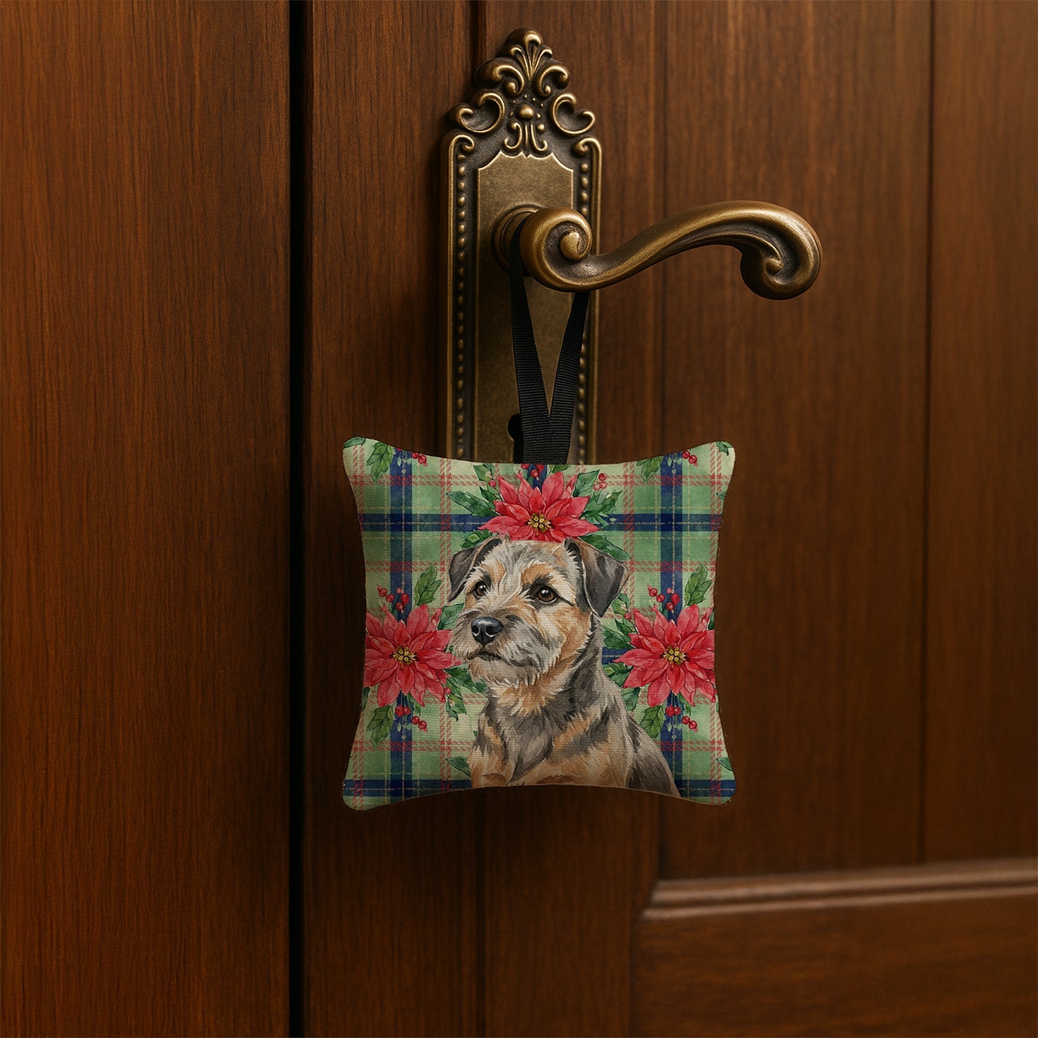 Grizzle and Tan Border Terrier Christmas PoinsettIas Hanging Square Fabric Ornament 3.5 � 3.5 Decorative Door-Knob & Tree Hanger, Soft Fabric