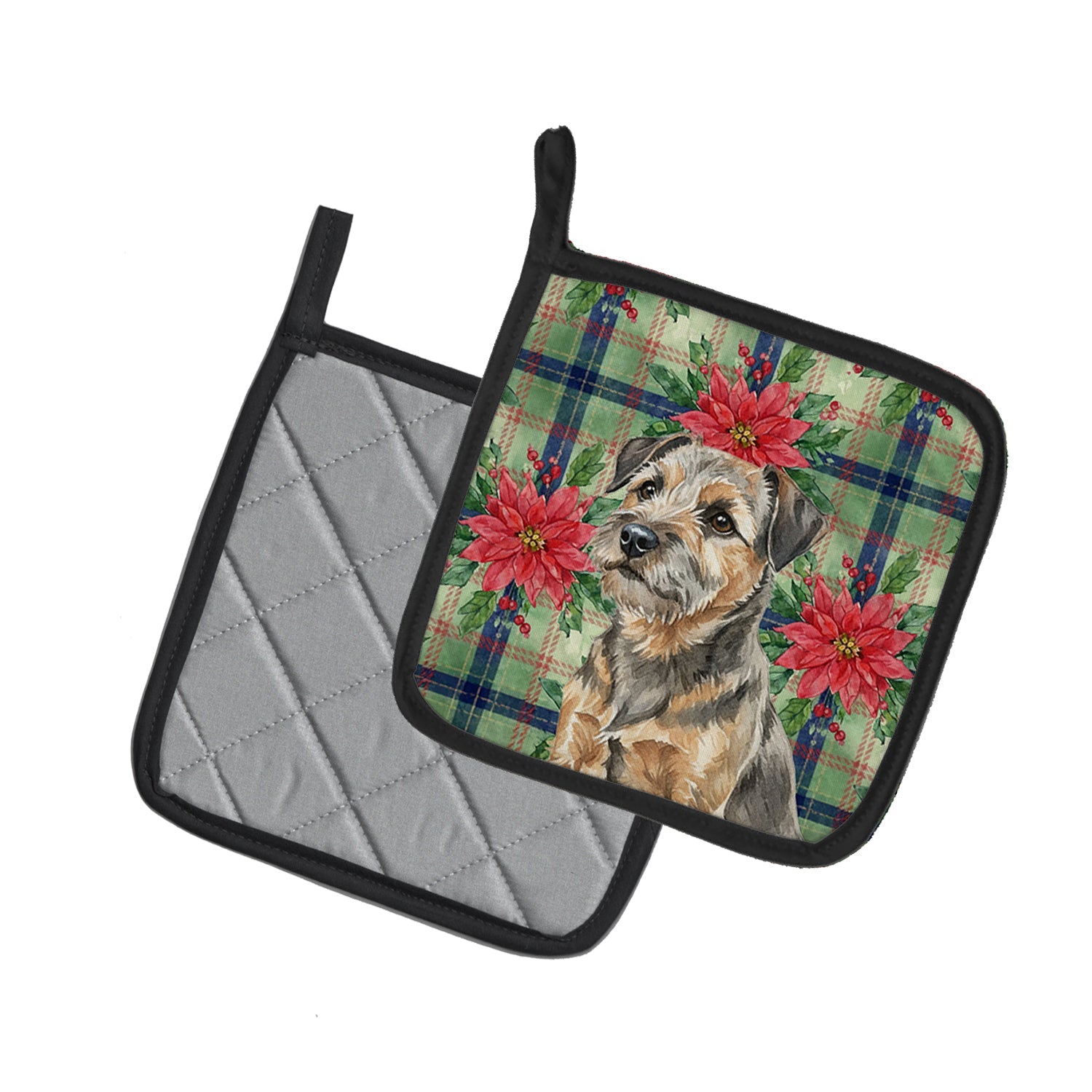 Grizzle and Tan Border Terrier Christmas PoinsettIas Pot Holder Set of 2 Heat Resistant Quilted Hot Pads 7.5 x 7.5 Inch, Insulated Kitchen Trivets for Cooking & Baking