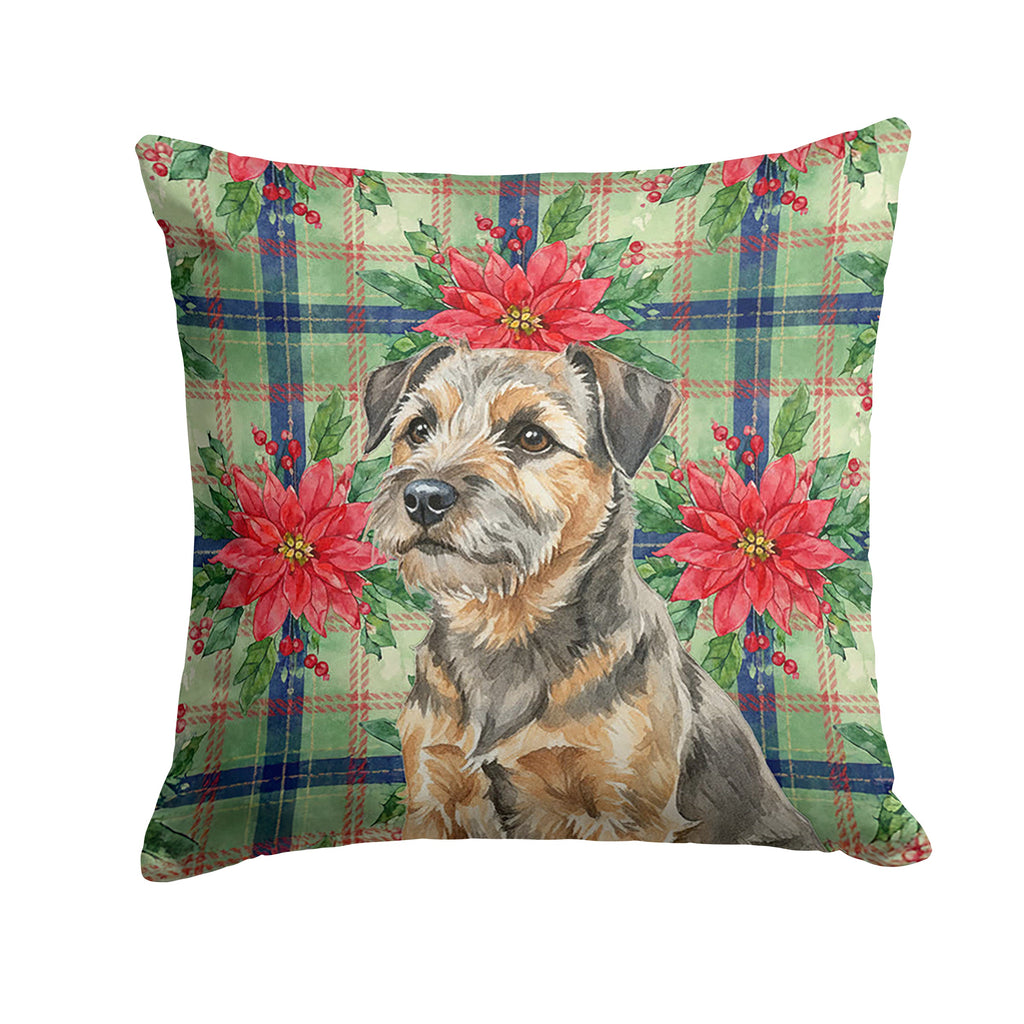 Grizzle and Tan Border Terrier Christmas PoinsettIas Decorative Throw Pillow 14x14 Indoor Outdoor Accent Cushion, Fabric Cover with Insert for Sofa, Bed, Porch & Living Room