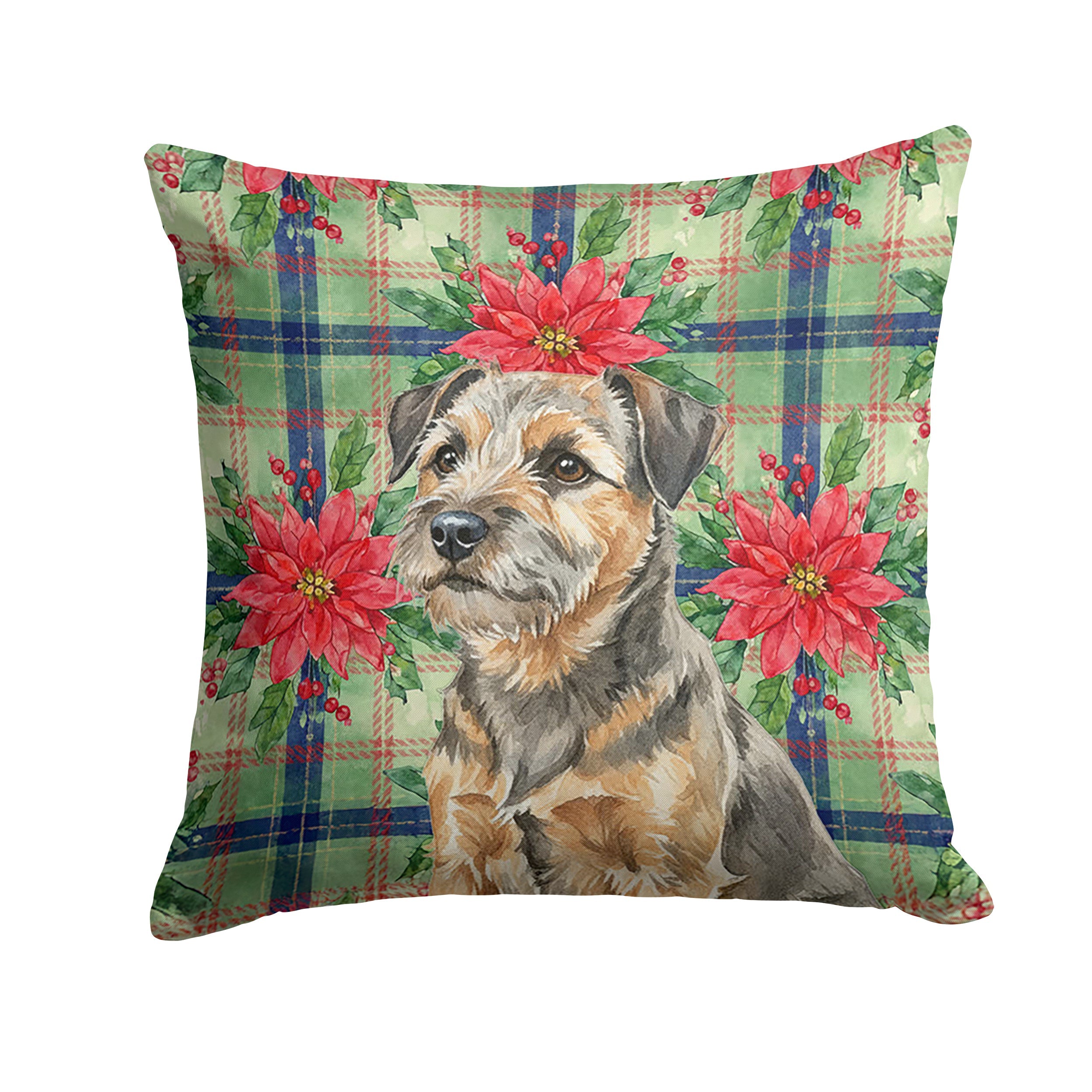 Grizzle and Tan Border Terrier Christmas PoinsettIas Decorative Throw Pillow 18x18 Indoor Outdoor Accent Cushion, Fabric Cover with Insert for Sofa, Bed, Porch & Living Room
