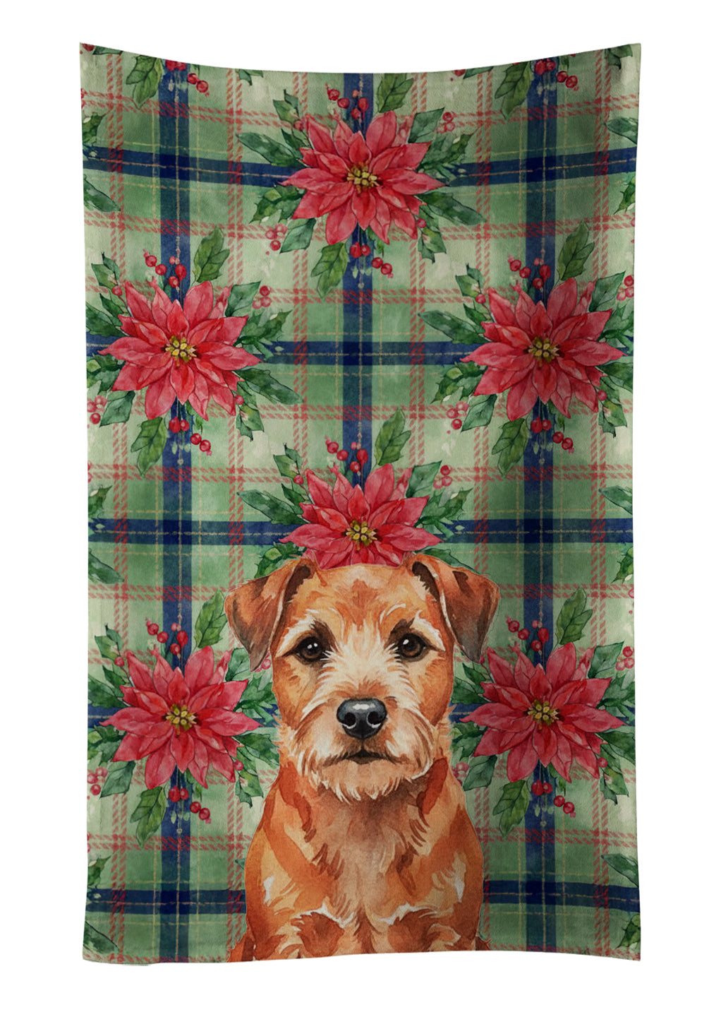 Red Border Terrier Christmas PoinsettIas Kitchen Towel Velour Plush Front and Cotton Loop Back Machine Washable