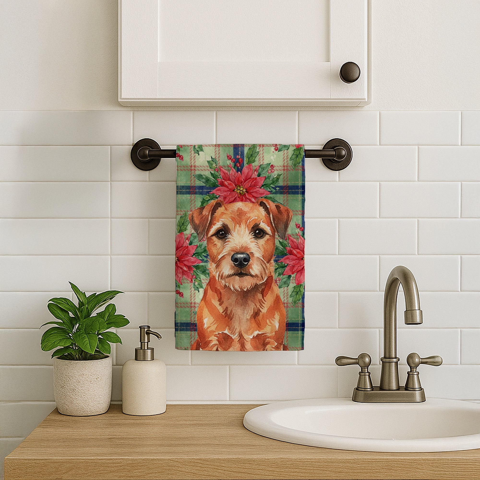 Red Border Terrier Christmas PoinsettIas Kitchen Towel Velour Plush Front and Cotton Loop Back Machine Washable