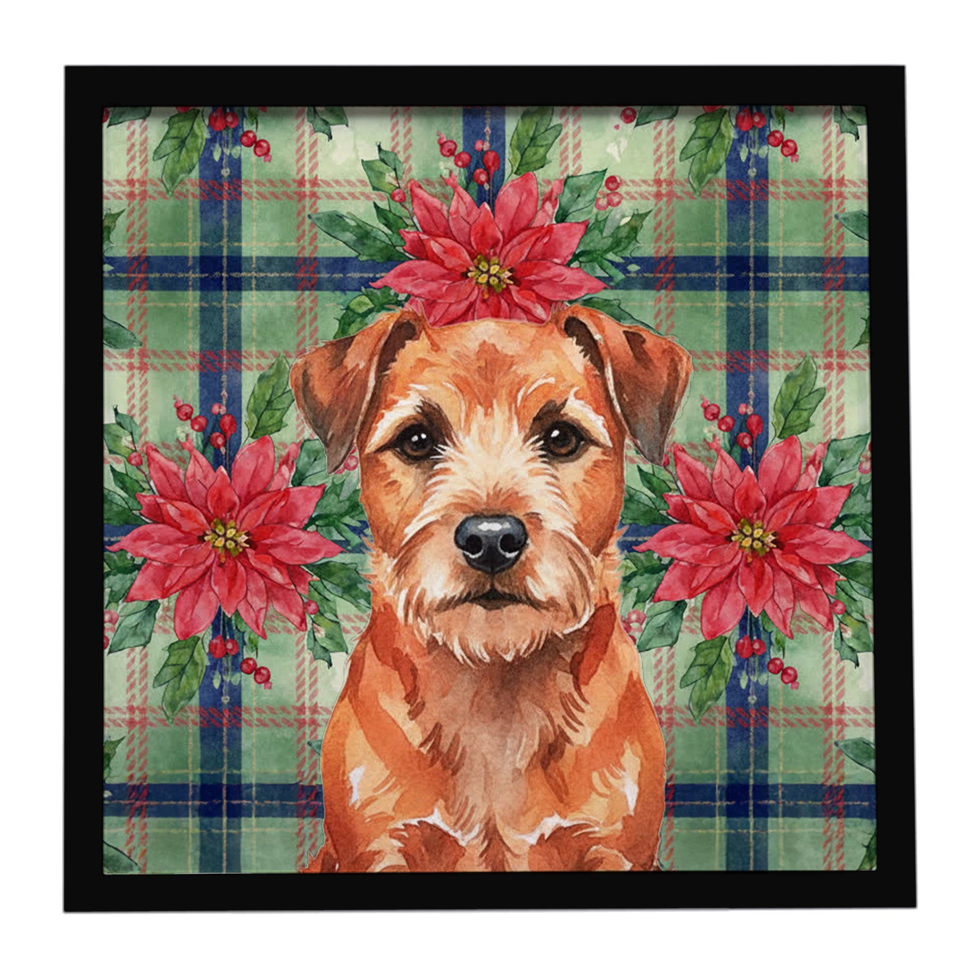 Red Border Terrier Christmas PoinsettIas Framed Metal Print Bathroom, Kitchen, Office, Home Decor Wall Art Ready to Hang, Square, 8X8