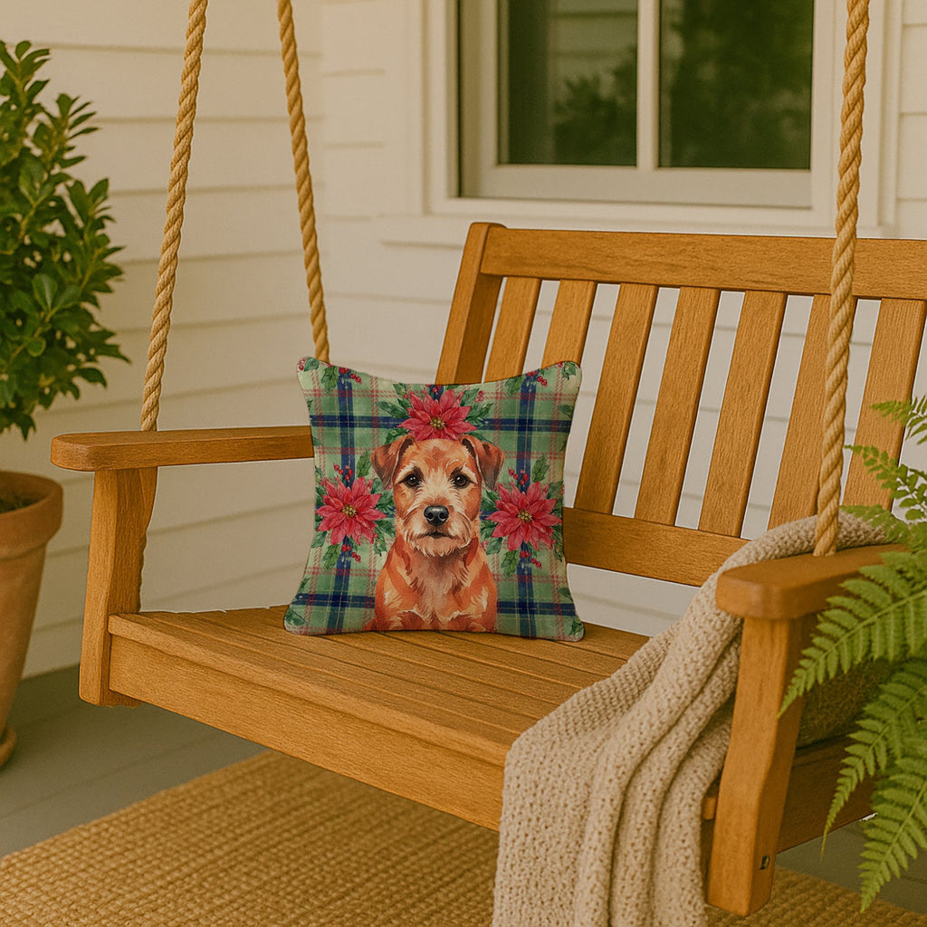 Red Border Terrier Christmas PoinsettIas Decorative Throw Pillow 14x14 Indoor Outdoor Accent Cushion, Fabric Cover with Insert for Sofa, Bed, Porch & Living Room