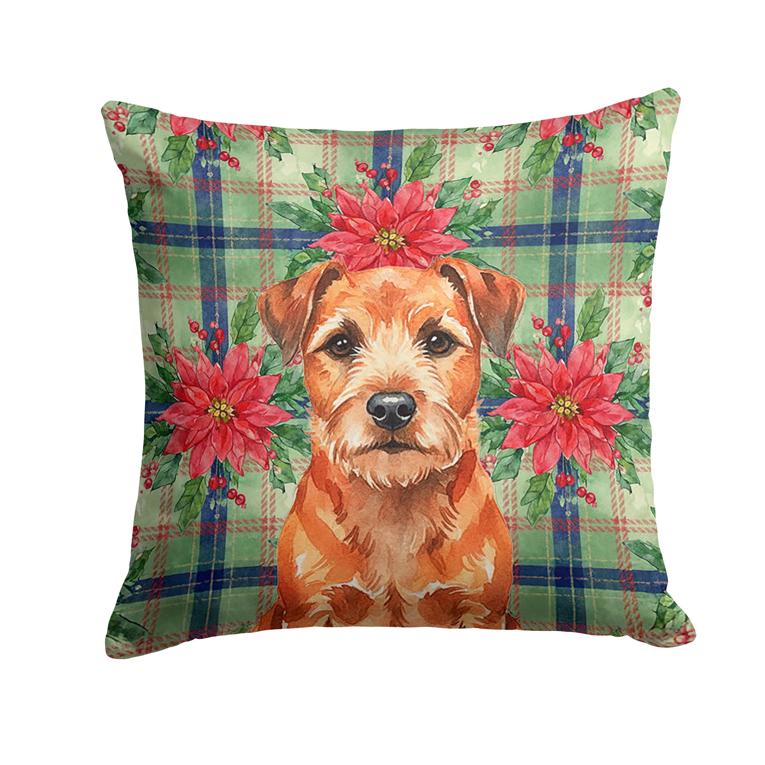 Red Border Terrier Christmas PoinsettIas Decorative Throw Pillow 18x18 Indoor Outdoor Accent Cushion, Fabric Cover with Insert for Sofa, Bed, Porch & Living Room