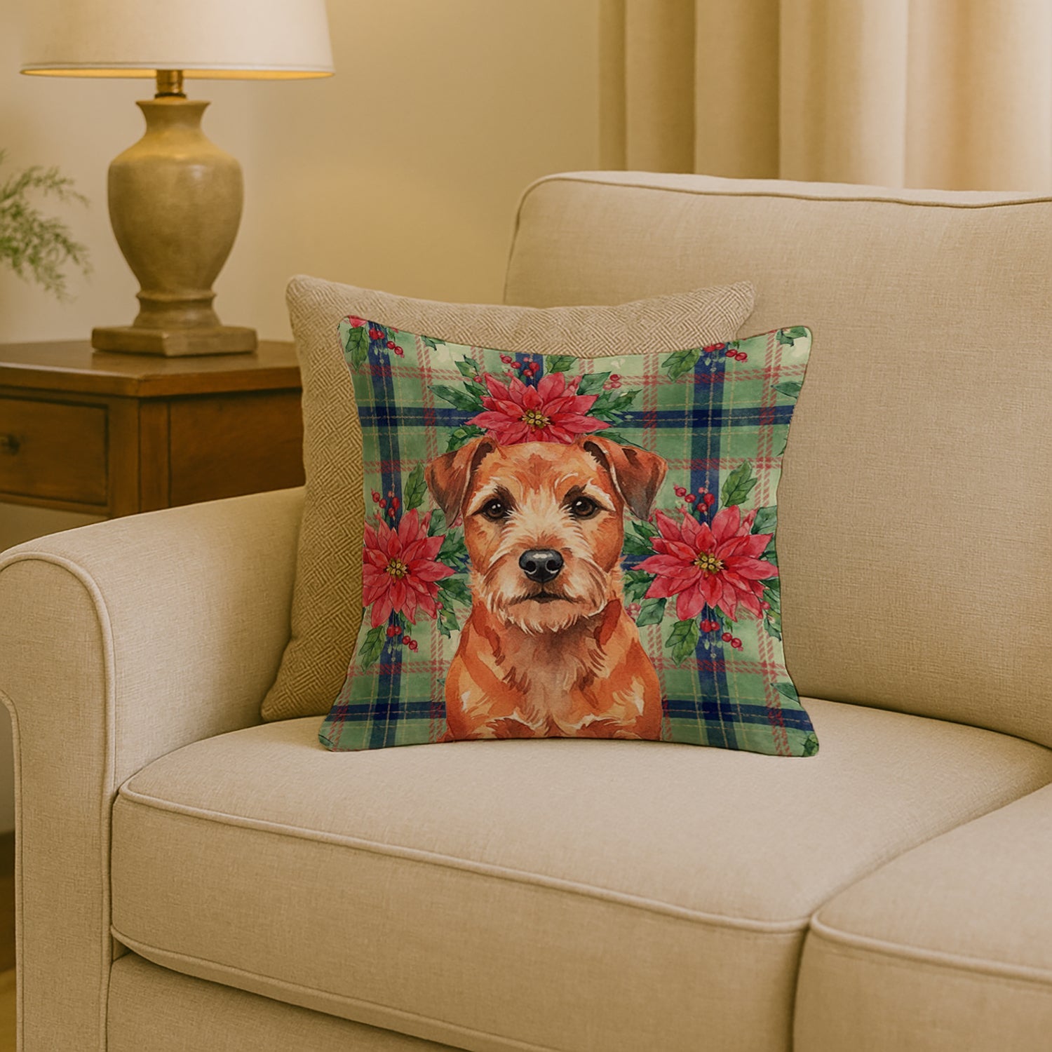 Red Border Terrier Christmas PoinsettIas Decorative Throw Pillow 18x18 Indoor Outdoor Accent Cushion, Fabric Cover with Insert for Sofa, Bed, Porch & Living Room